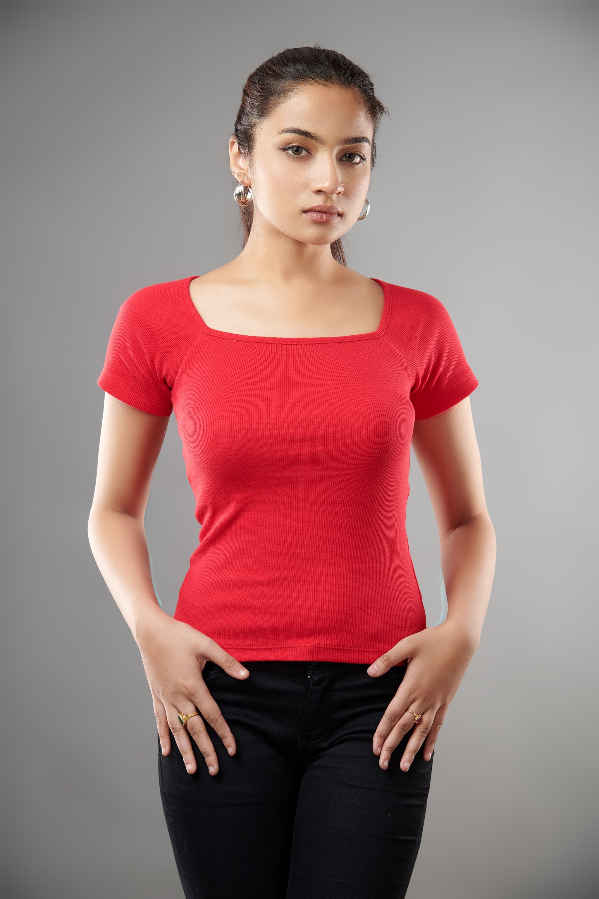Normcore Red Square Neck Top
