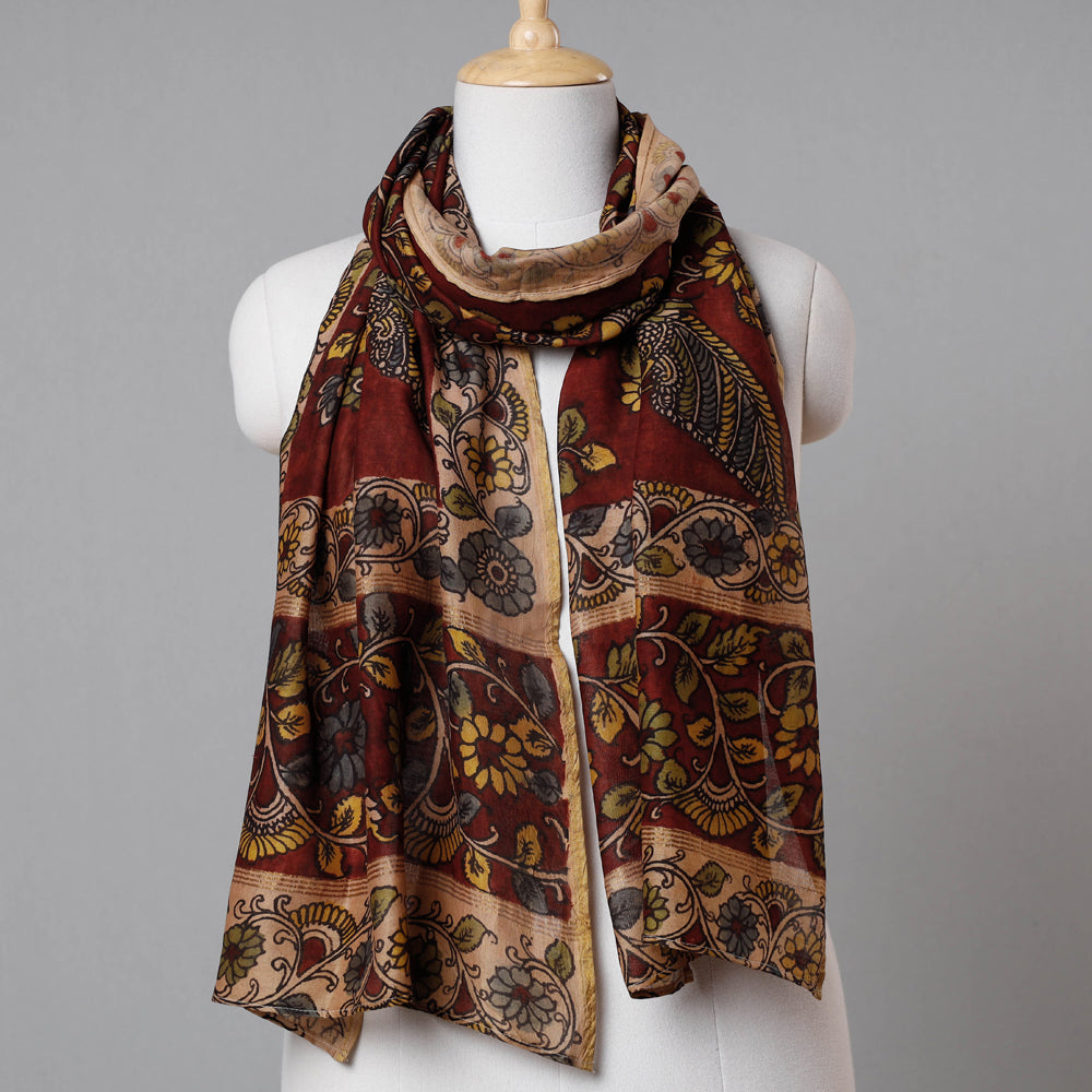 DWARAKA PLUS Brown - Kalamkari Handpainted Pure Handloom Chanderi Silk Stole
