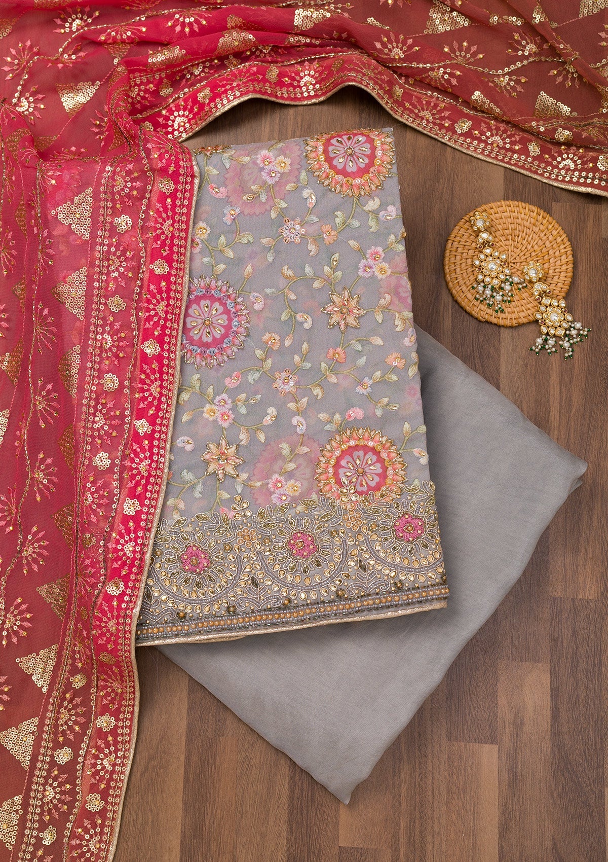 Koskii Grey Stonework Georgette Unstitched Salwar Suit