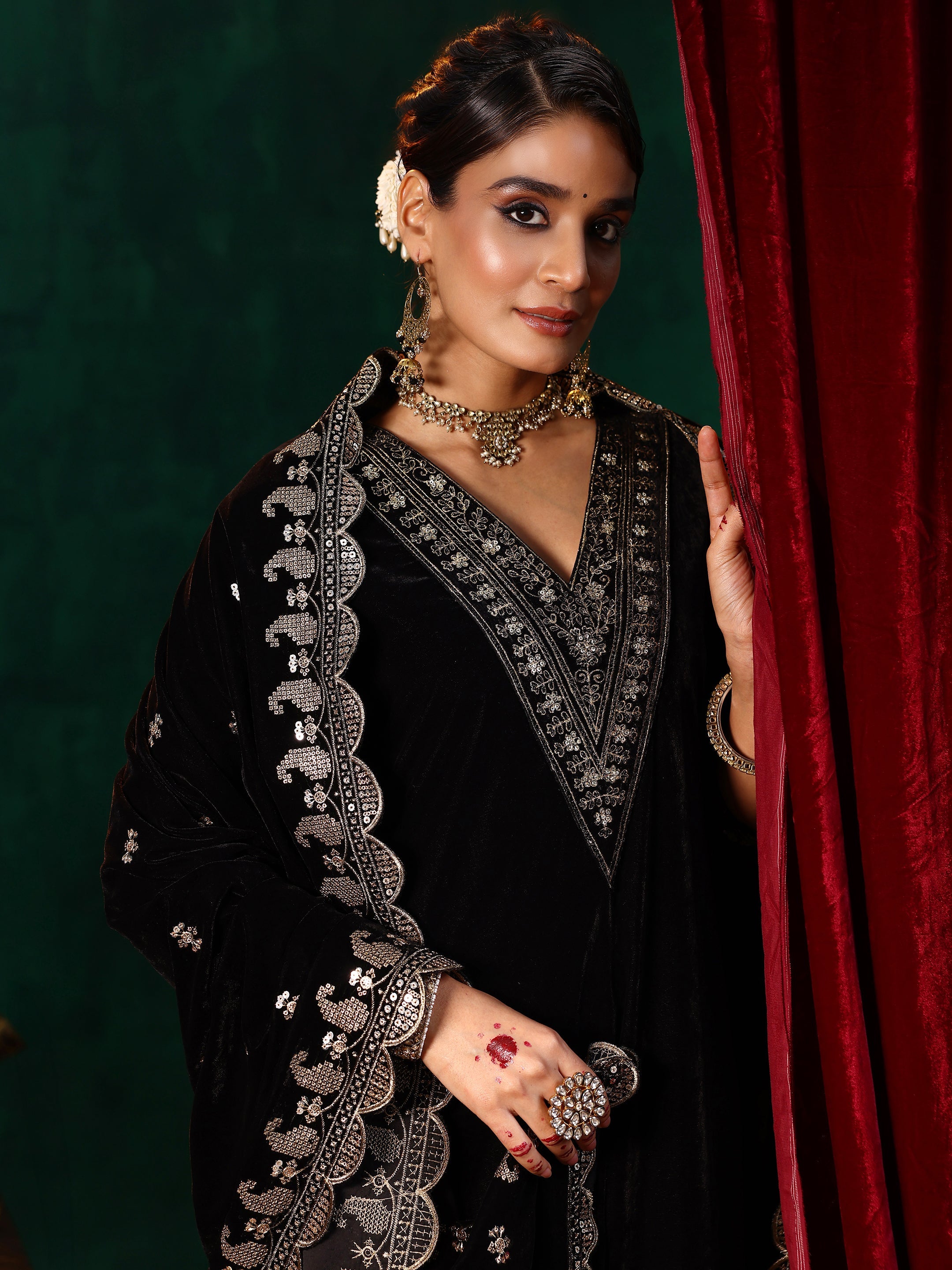 Libas Black Yoke Design Velvet Straight Suit With Dupatta - view 9