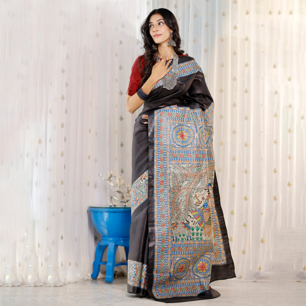 DIORAMA DESIGNS Black - Madhubani Hand-Painted Radha Krishna Tussar Silk Saree - view 3