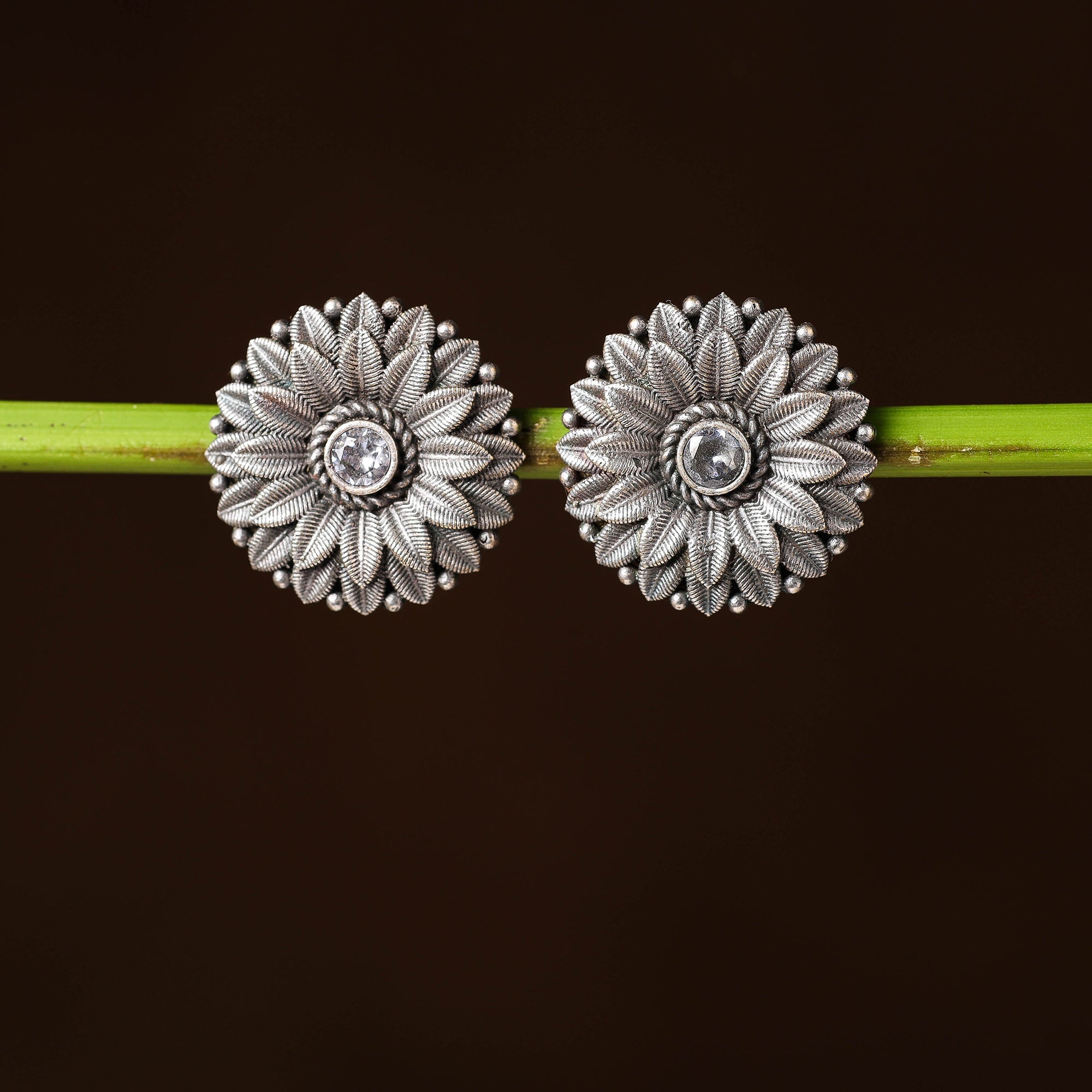 WHITE RIVER STORIES Antique Silver Finish Oxidised Brass Base Stone Work Stud Earrings