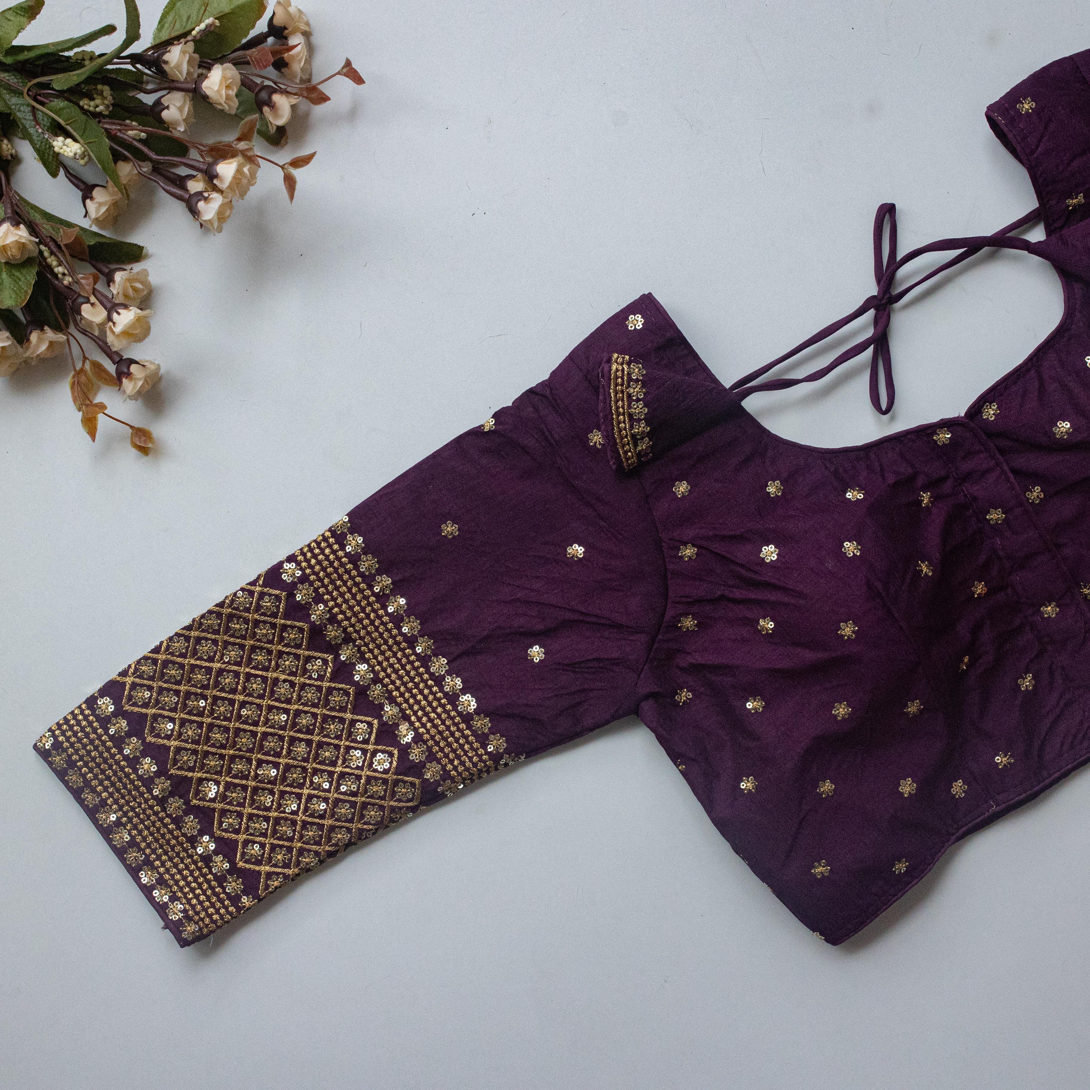 ClothsVilla Dark Purple Kashish Silk Blouse with Beautiful Embroidery and Sequined Touch