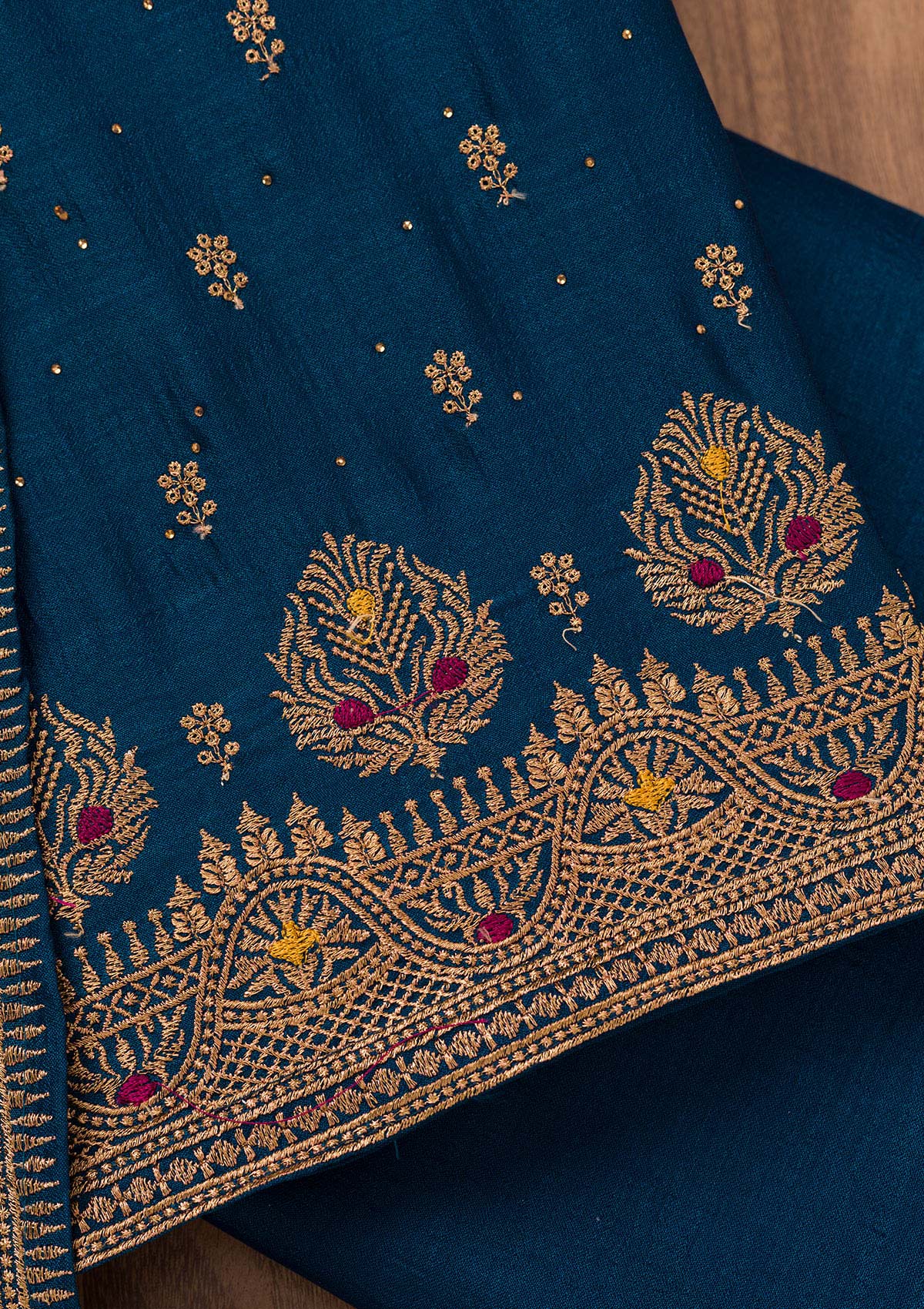 Koskii Peacock Blue Zariwork Raw Silk Unstitched Salwar Suit - view 2
