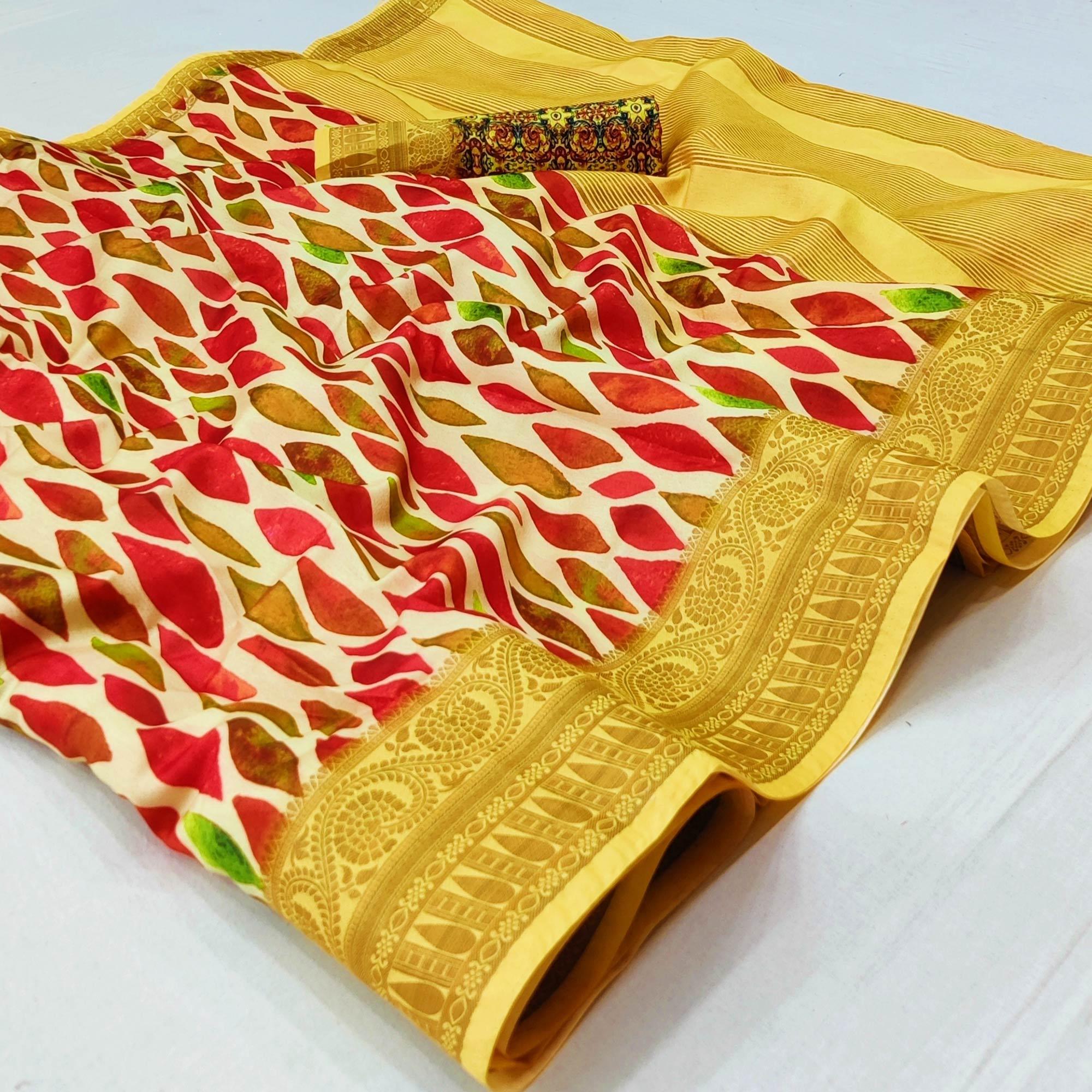Peachmode Cream Digital Printed Dola Silk Saree