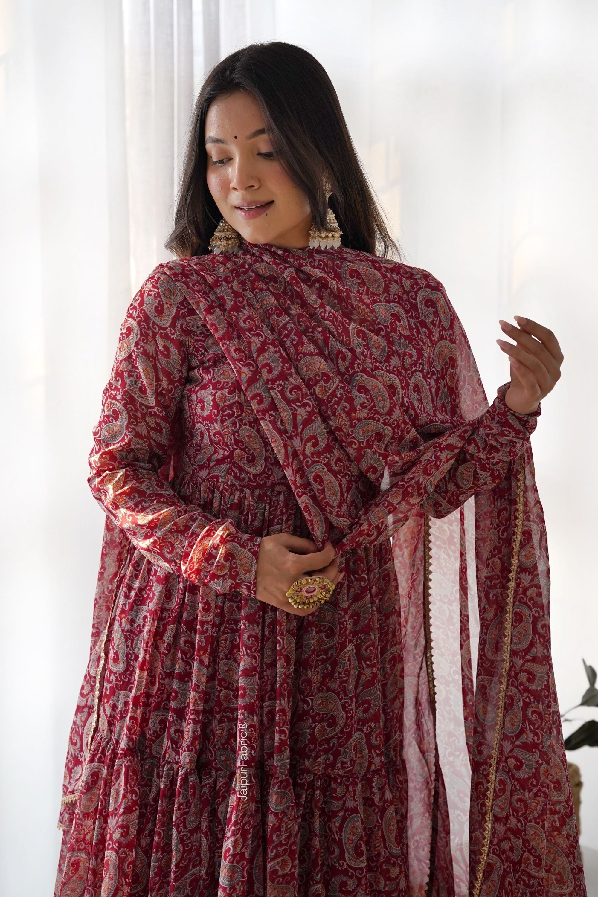 JaipurFabric® Printed Georgette Tiered Abaya Style Suit in Red
