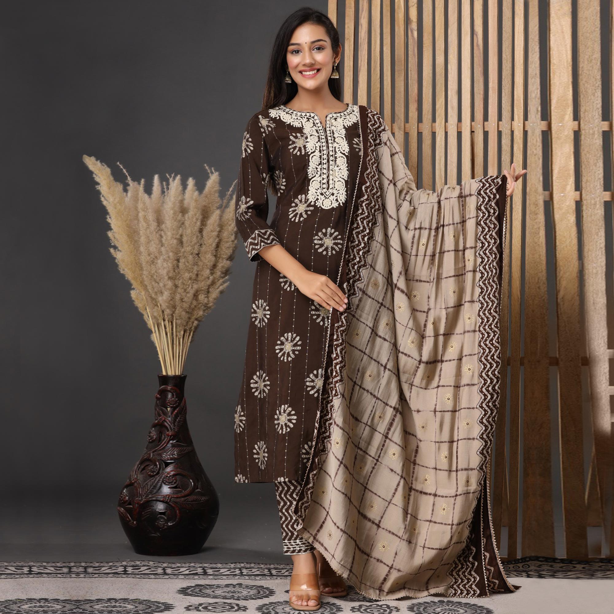 Peachmode Coffee Printed Muslin Kurti Pant Set With Dupatta