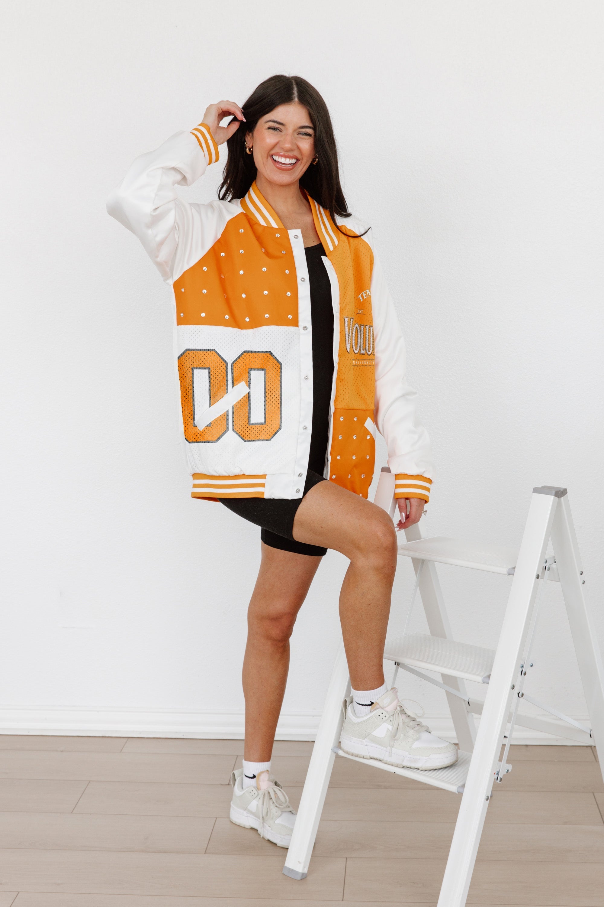 MADI X GC Tennessee Volunteers Hot Shot Mixed Media Throwback Varsity Bomber Jacket With Rhinestone Inserts By Madi Prewett Troutt