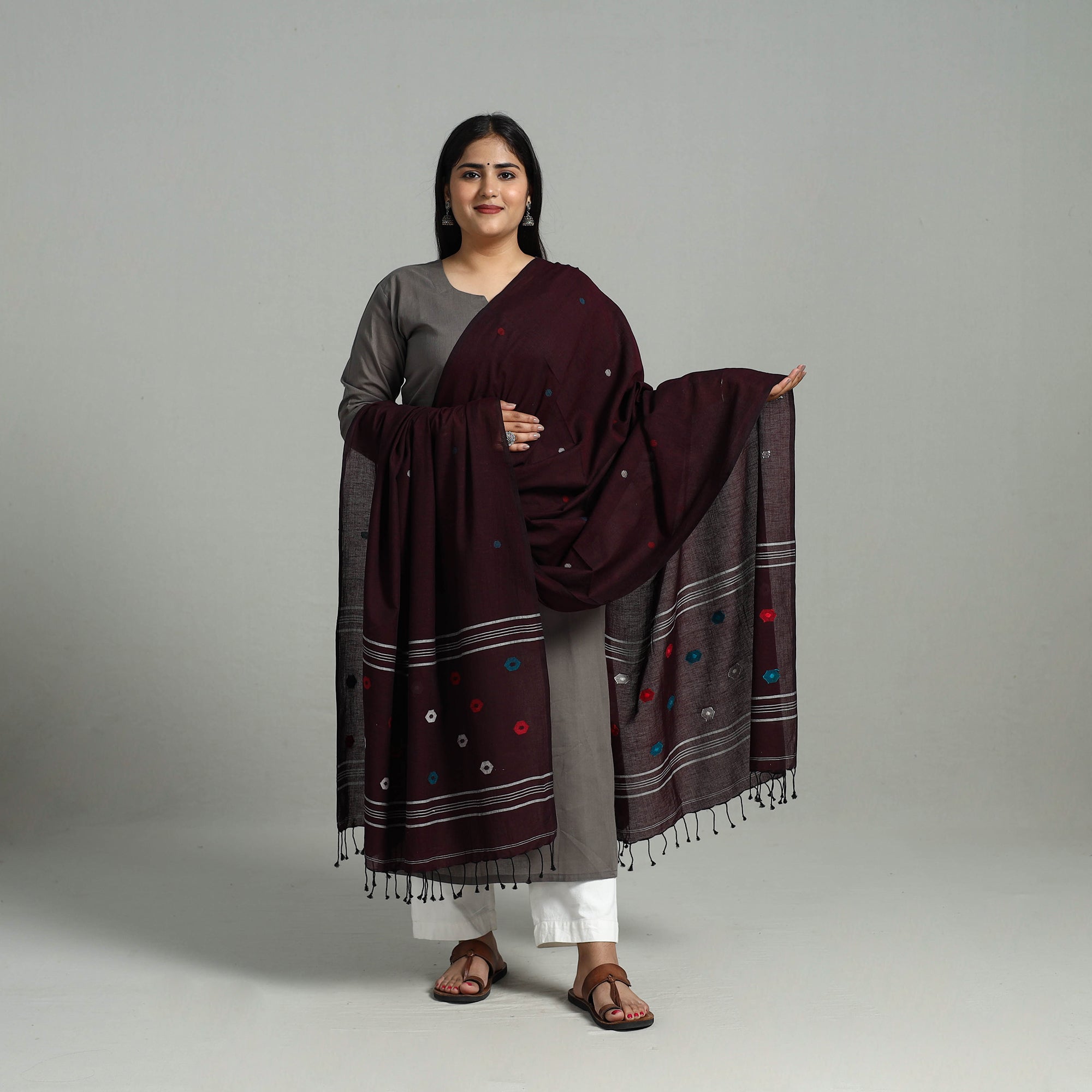 KHUSHBASH - HAPPY LOOM OF EAST Brown - Handloom Cotton Burdwan Jamdani Dupatta 17