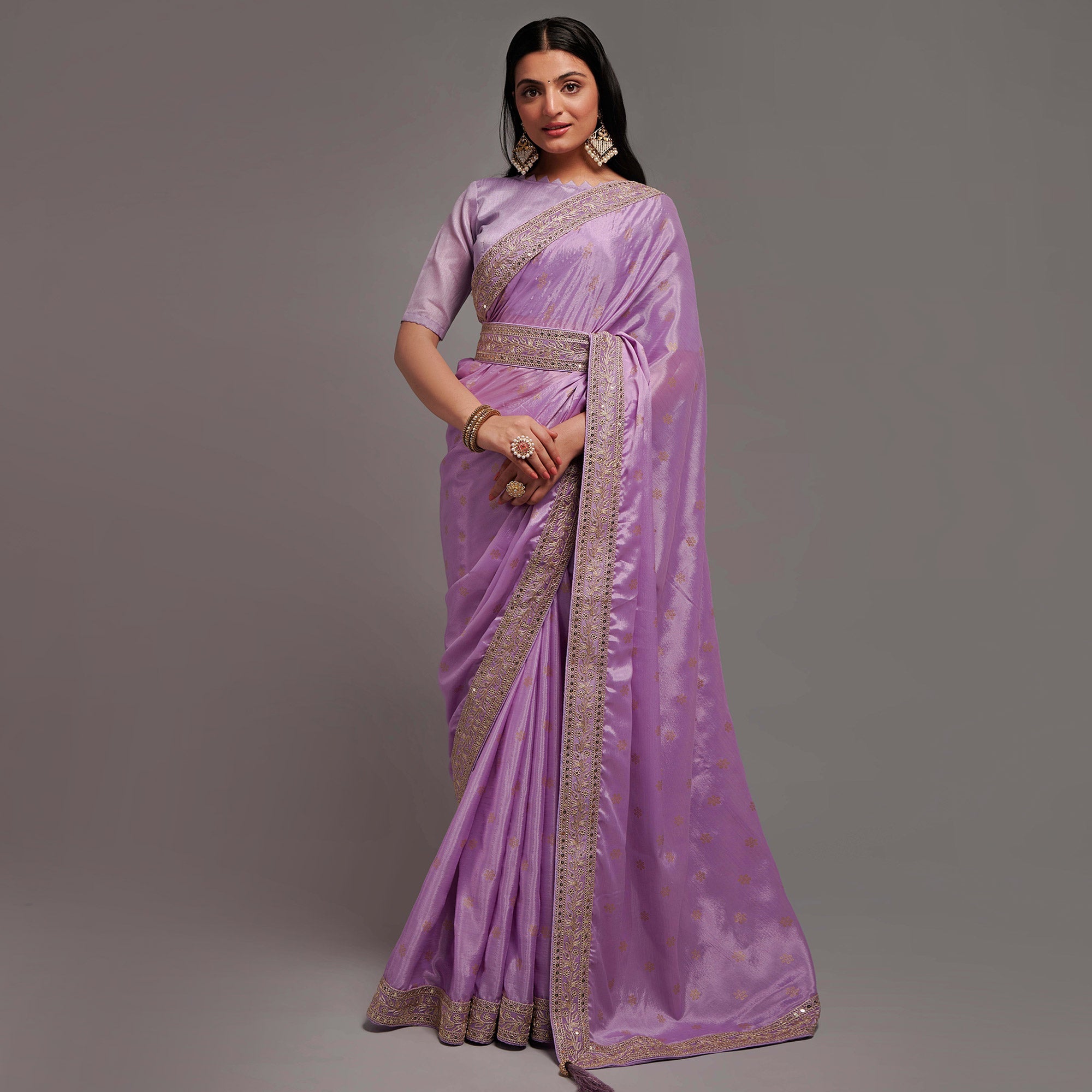 Peachmode Light Purple Foil Printed With Embroidered Border Chinon Saree - view 2