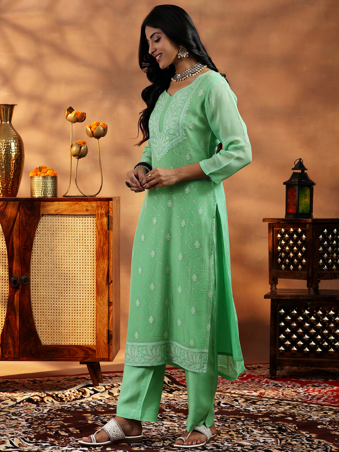 Libas Green Embroidered Organza Straight Suit With Dupatta - view 2