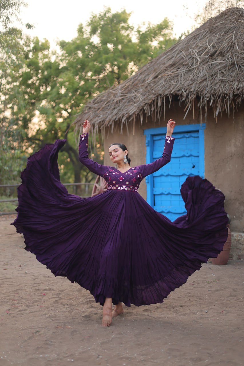 ClothsVilla Purple Rayon Gown with Real Mirror Work - view 2