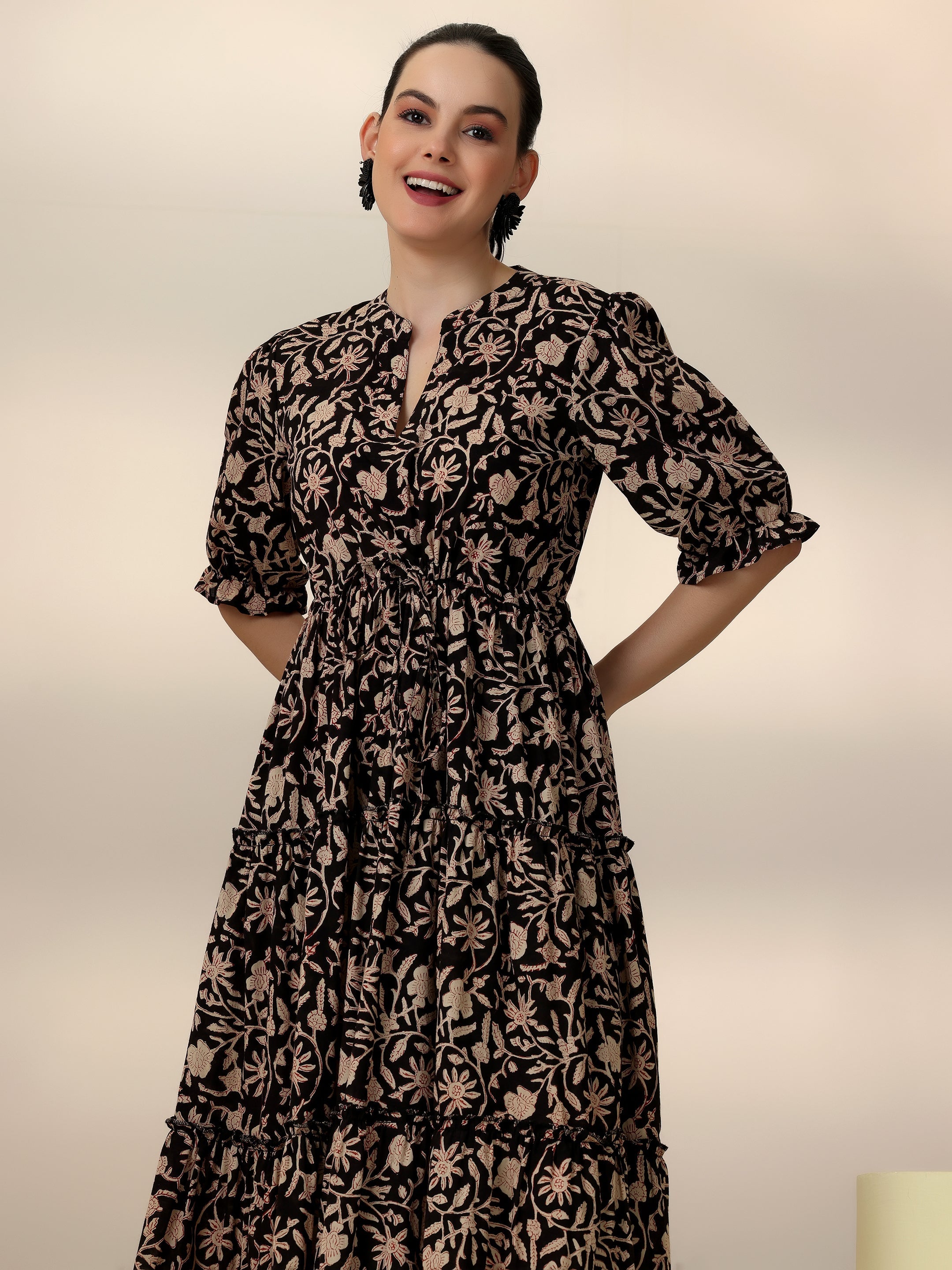 Libas Black Printed Cotton Fit and Flare Dress - view 6