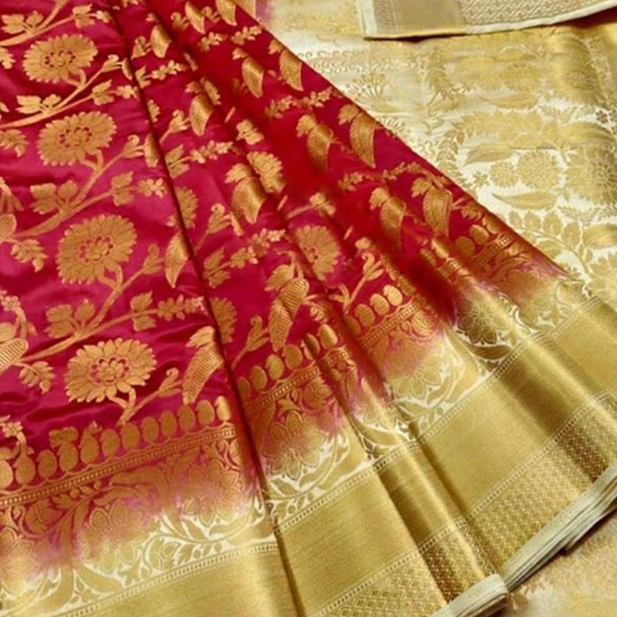 Peachmode Flattering Pink Colored Festive Wear Woven Silk Blend Saree - view 2