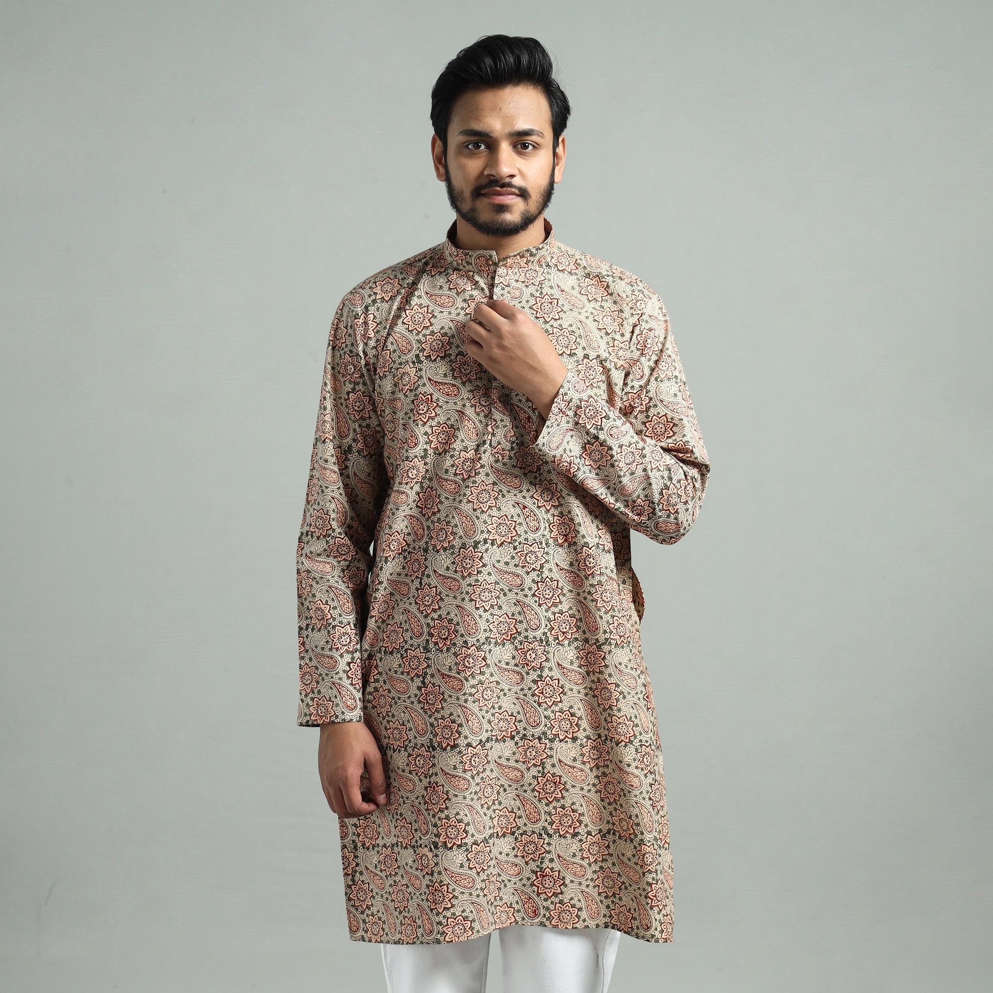 ITOKRI CASUALS Beige - Kalamkari Block Printed Cotton Men Long Kurta - view 4