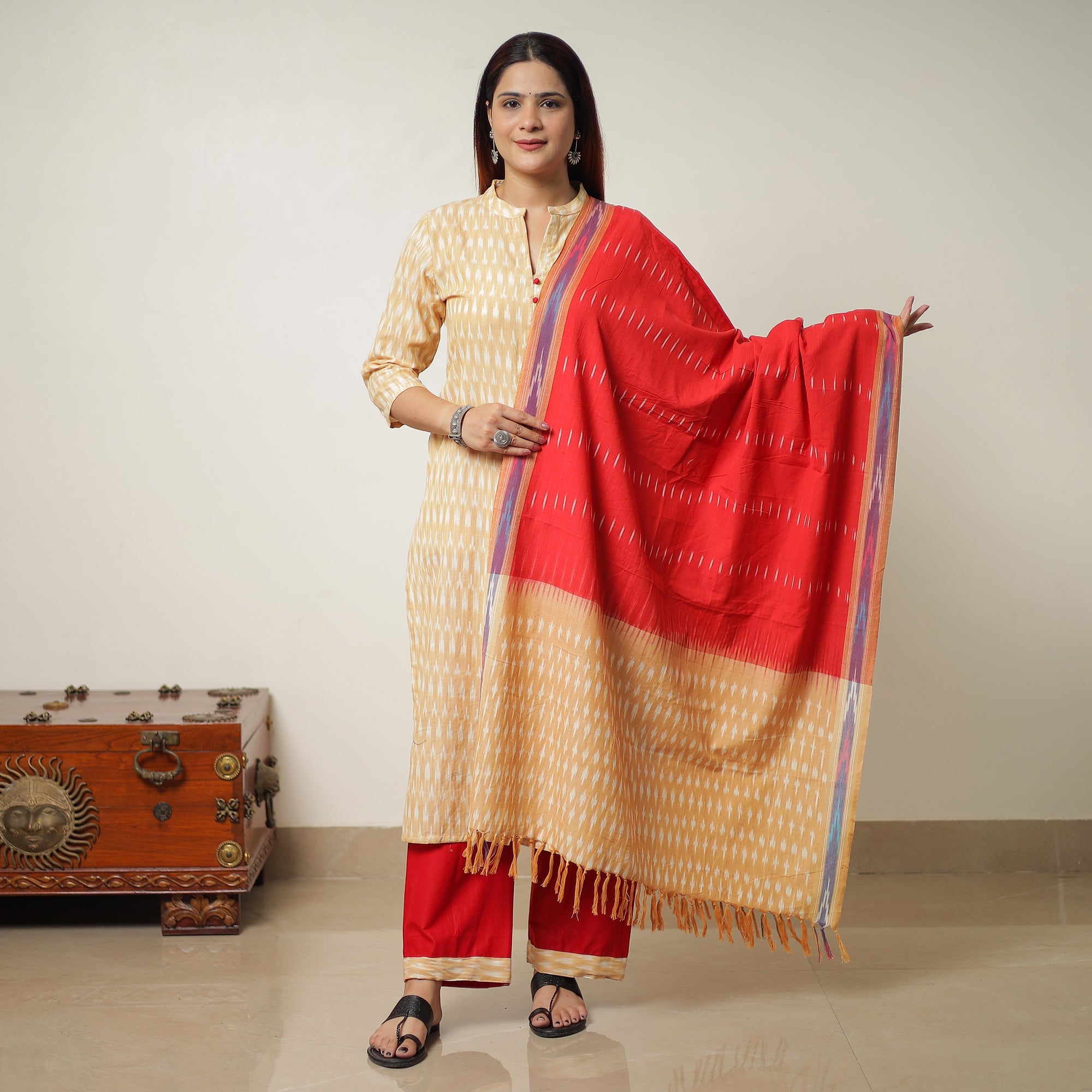 ITOKRI CASUALS Beige - Pochampally Ikat Weave Cotton Kurta with Palazzo & Dupatta Set 14 - view 2