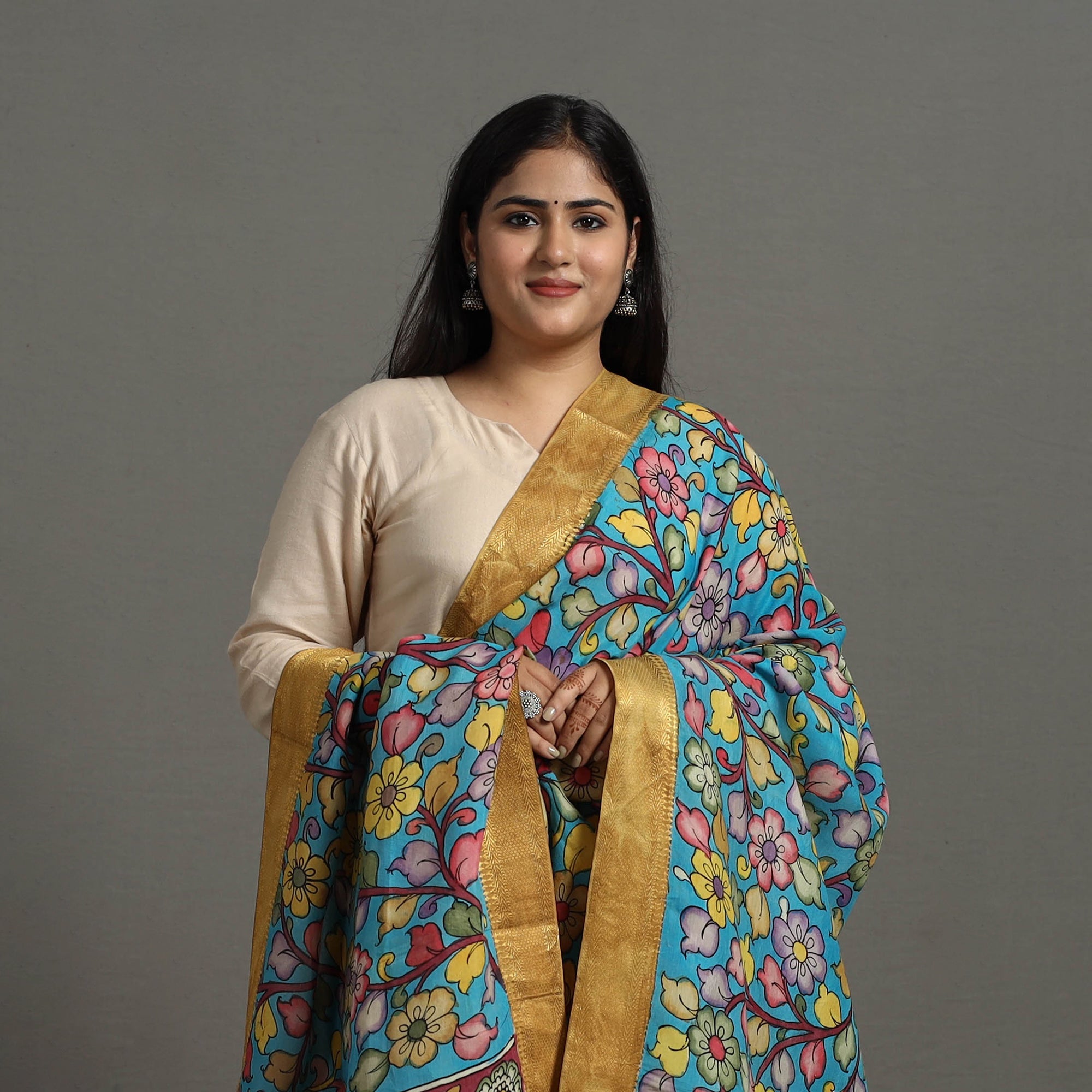 SOUTH KARGHA Blue - Chanderi Silk Srikalahasti Handpainted Pen Kalamkari Dupatta 41 - view 3
