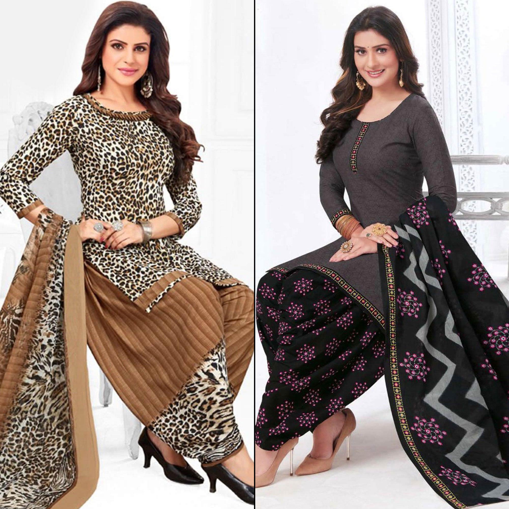 Peachmode Brown And Grey Printed Leon Patiala Dress Material Pack Of 2