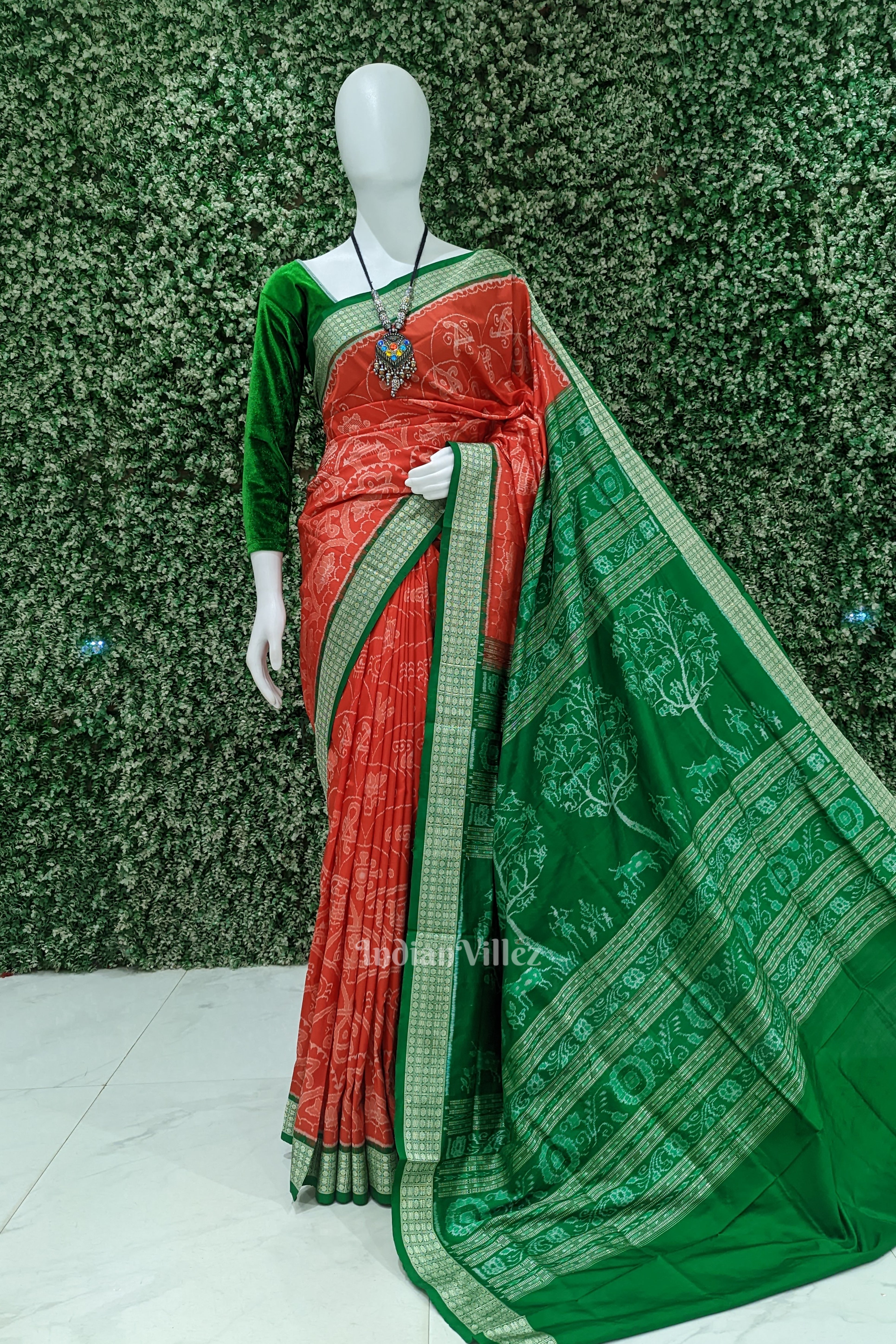 IndianVillèz Reddish Orange Green Sambalpuri Bomkai Silk Saree