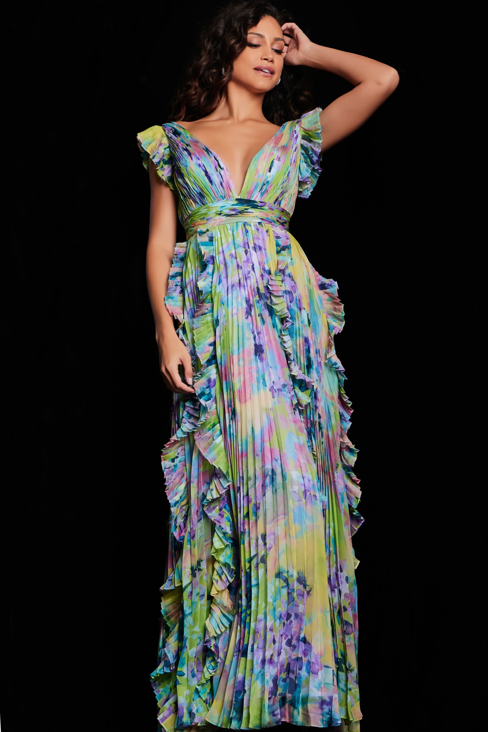 Jovani 34412 Pleated A Line Long Formal Floral Ruffle Dress - view 3