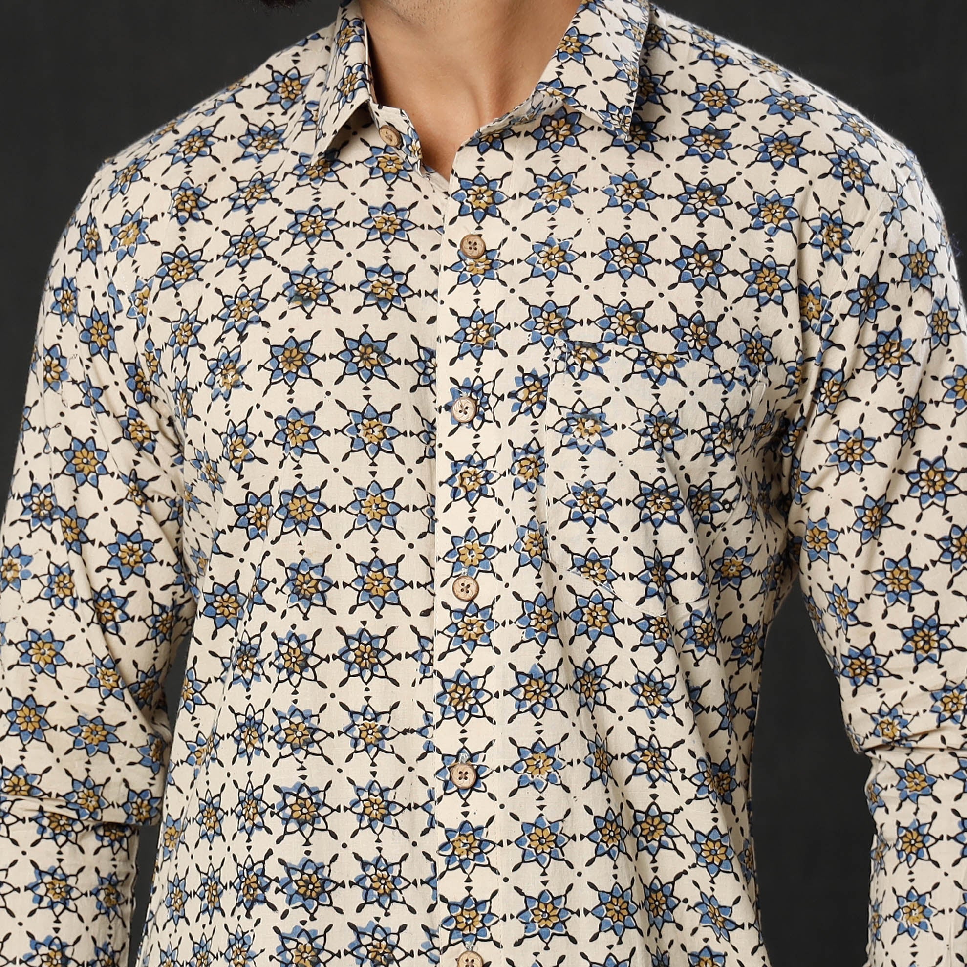 ITOKRI CASUALS Beige - Geometric Buta Ajrakh Block Printed Cotton Men Full Sleeve Shirt - view 3