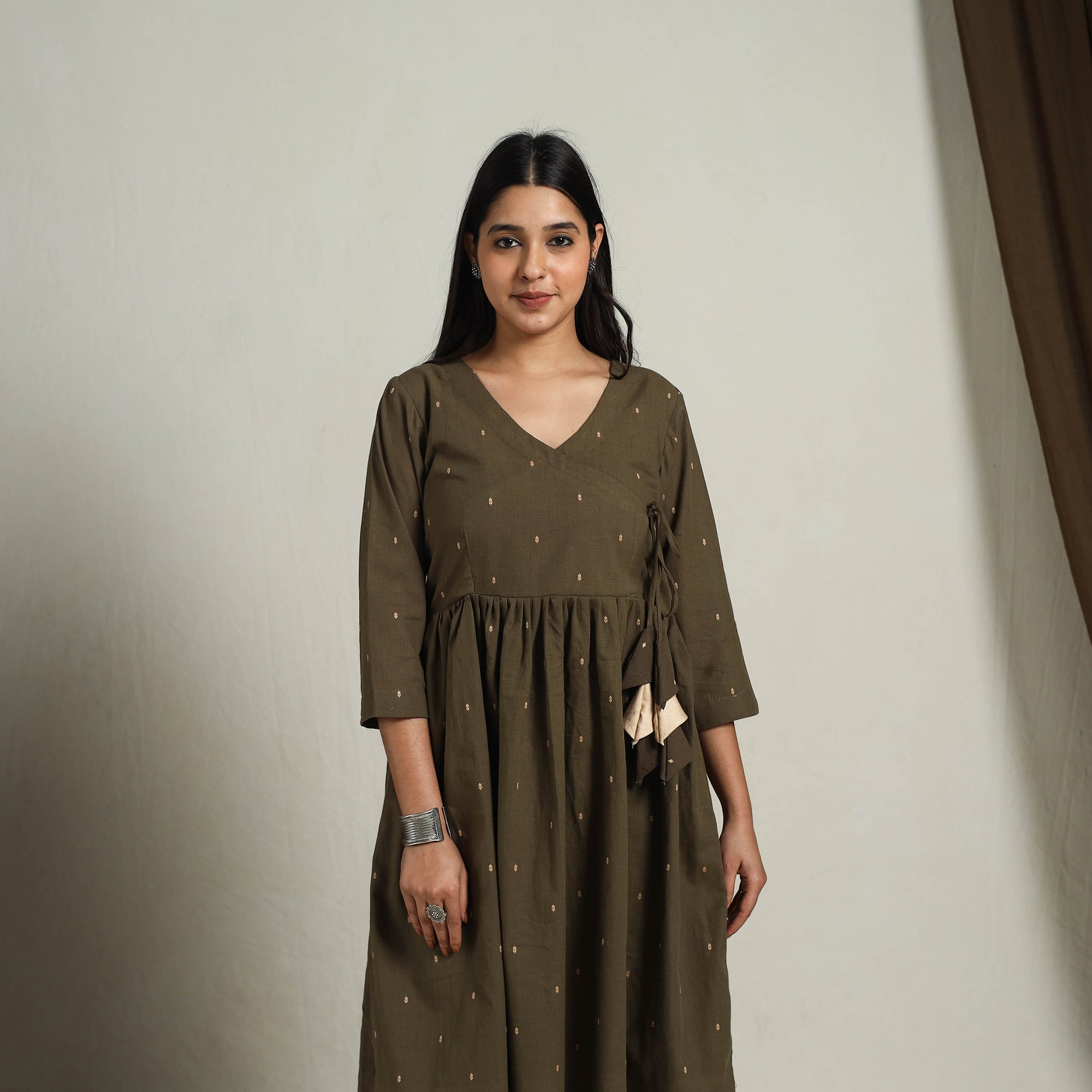 ITOKRI CASUALS Brown - Flared Cotton Angrakha Jacquard Dress 14