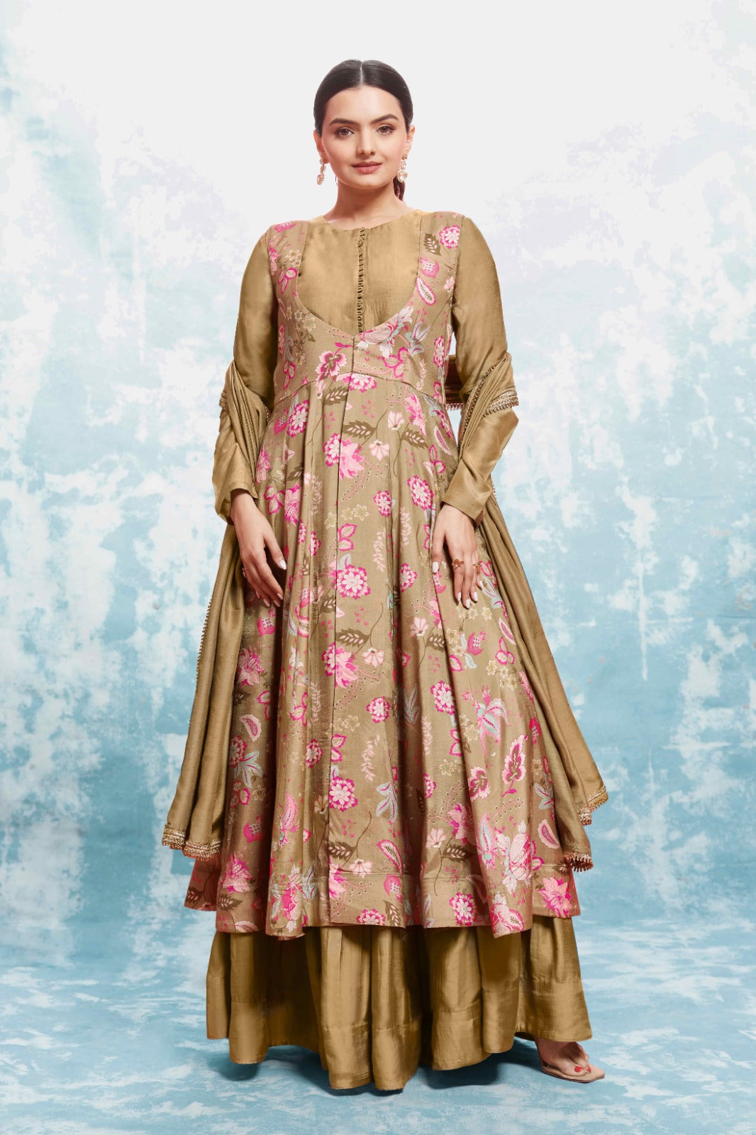 ClothsVilla Chic Olive Muslin Dress with Printed Work and Georgette Dupatta – Ready to Wear - view 4
