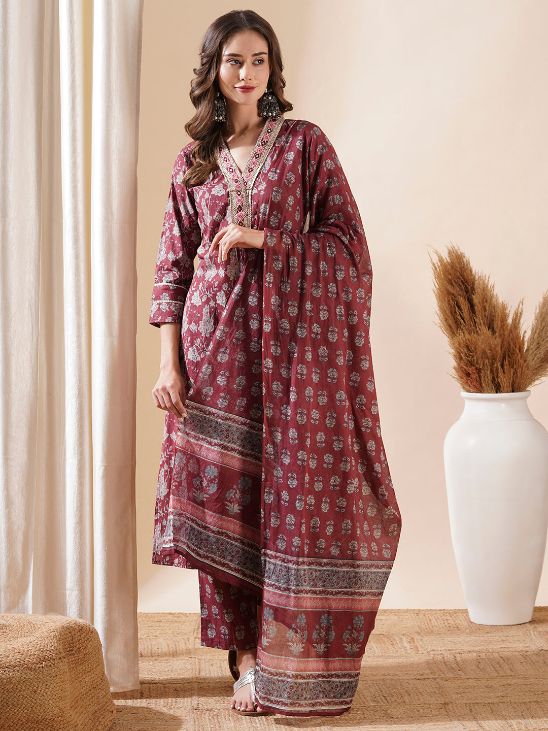Fashor Floral Block Printed Mirror & Zari Embroidered Kurta with Pants & Dupatta - Maroon