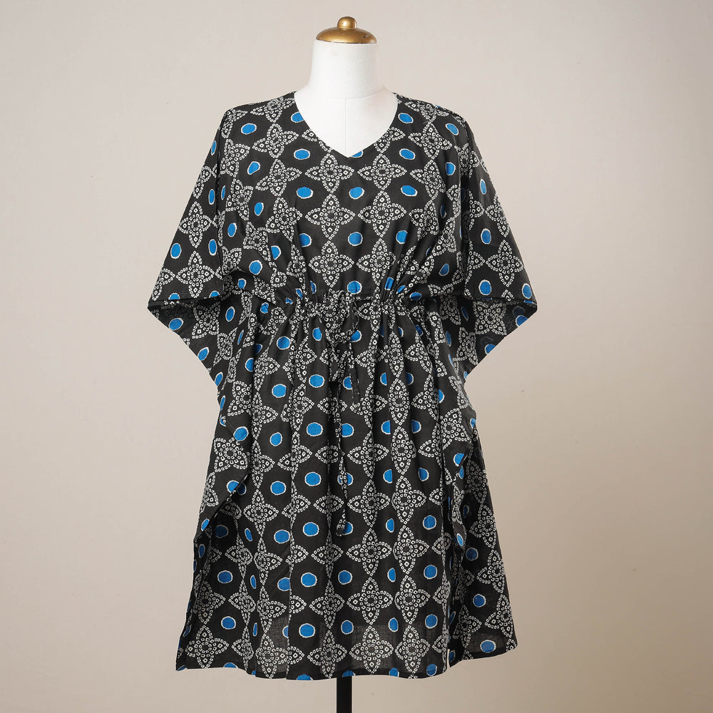 CHUTNEY CRAFT STUDIO Black - Sanganeri Printed Cotton Kaftan with Tie-Up Waist (Medium)