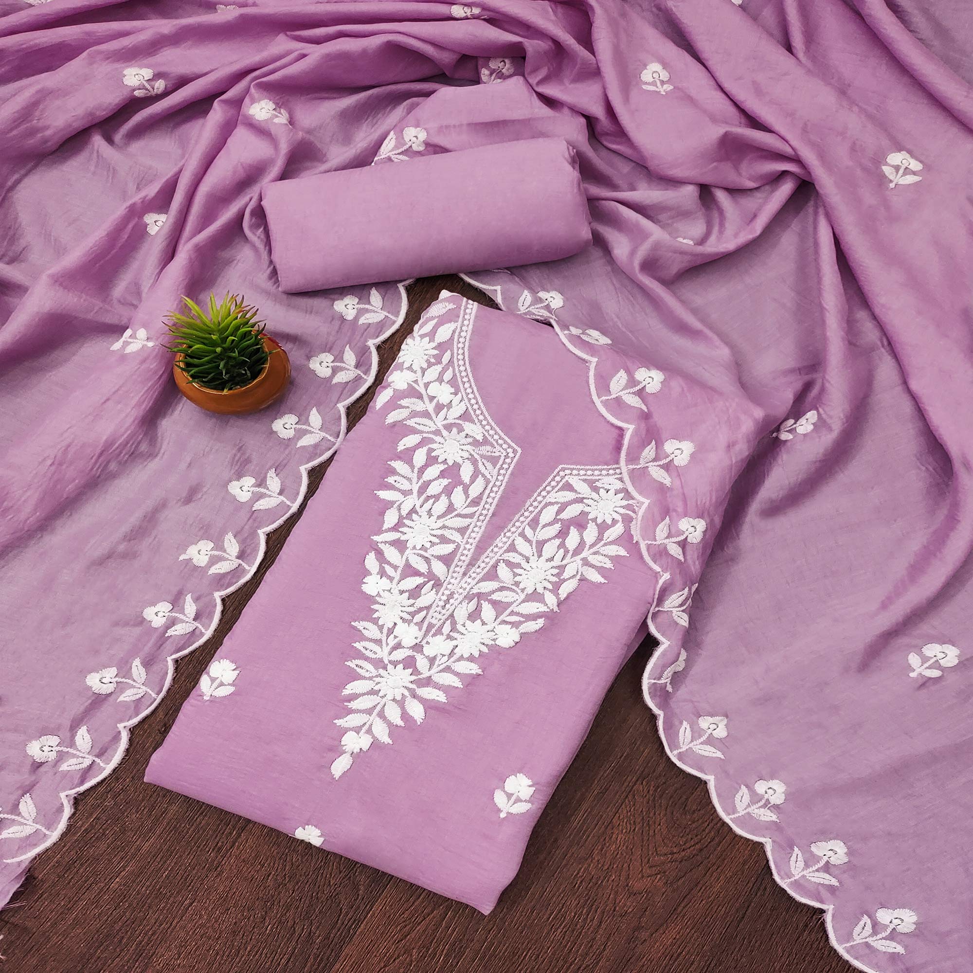 Peachmode Lavender Floral Embroidered Cotton Blend Dress Material