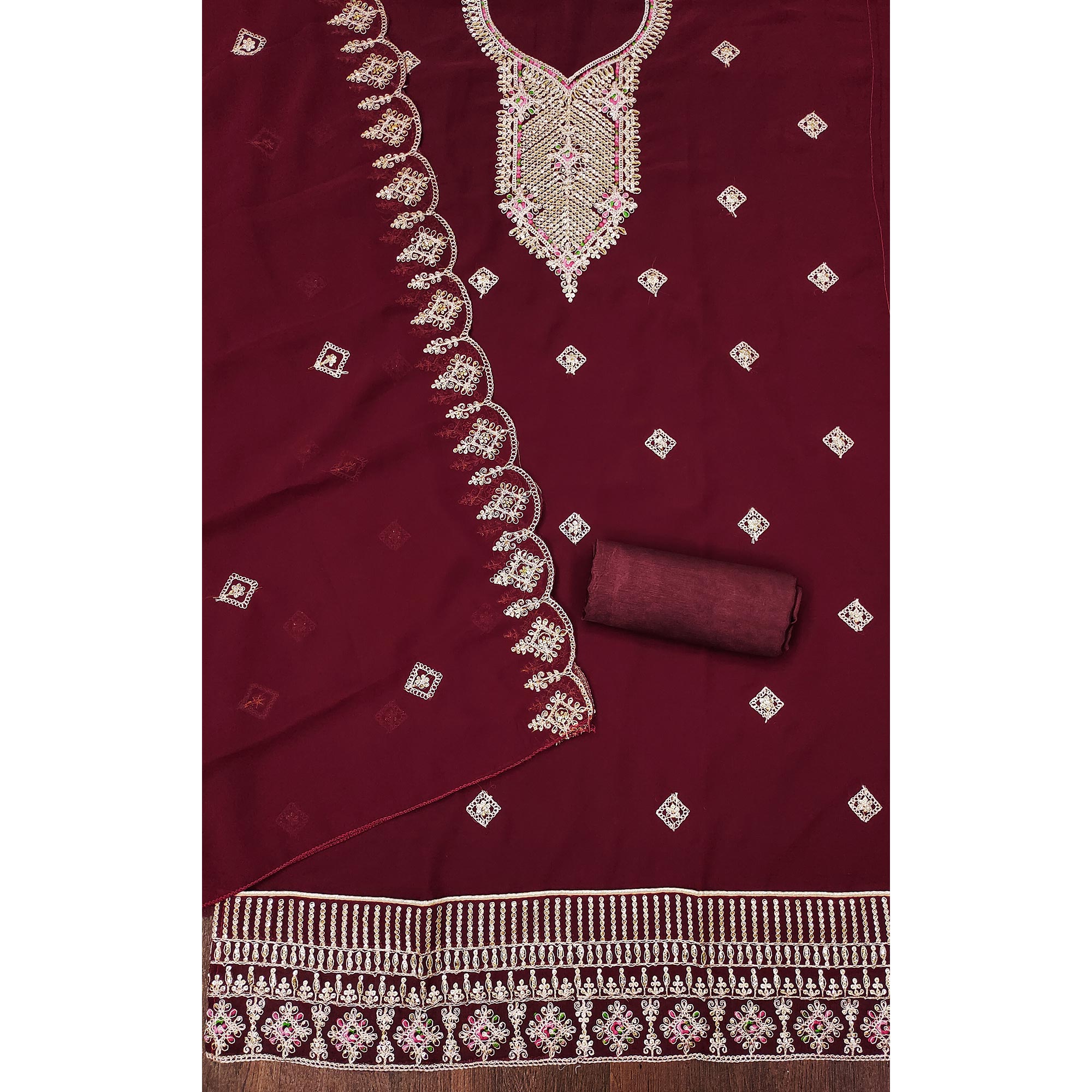 Peachmode Maroon Sequins Embroidered Georgette Dress Material - view 4