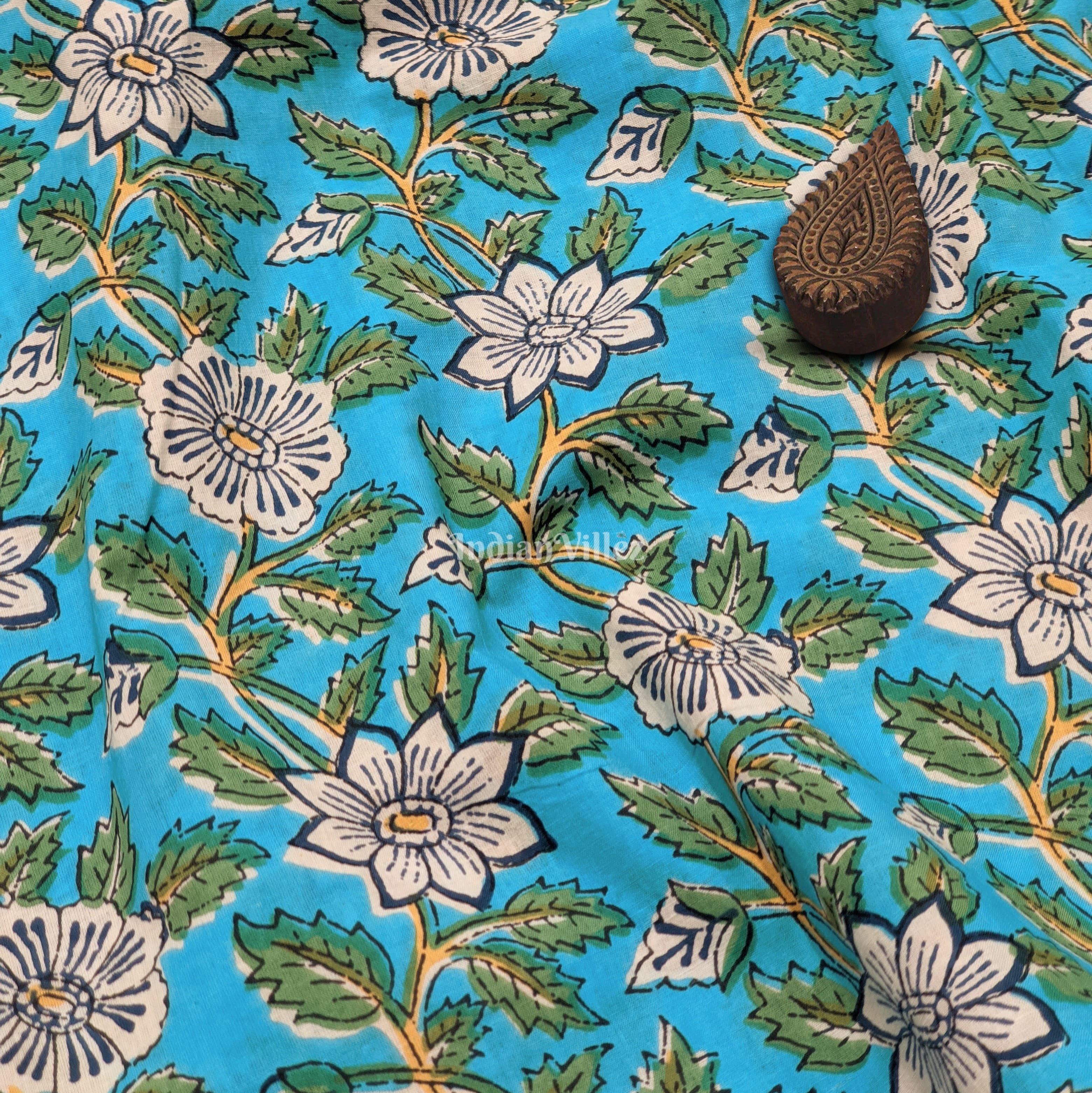 IndianVillèz Copper Sulphate Floral Hand Block Printed Cotton Fabric