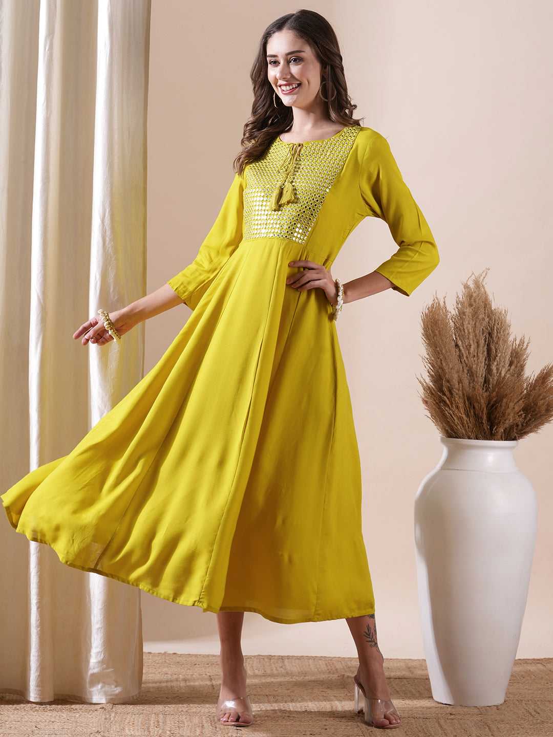 Fashor Solid Mirror & Resham Embroidered Anarkali Kurta - Yellow