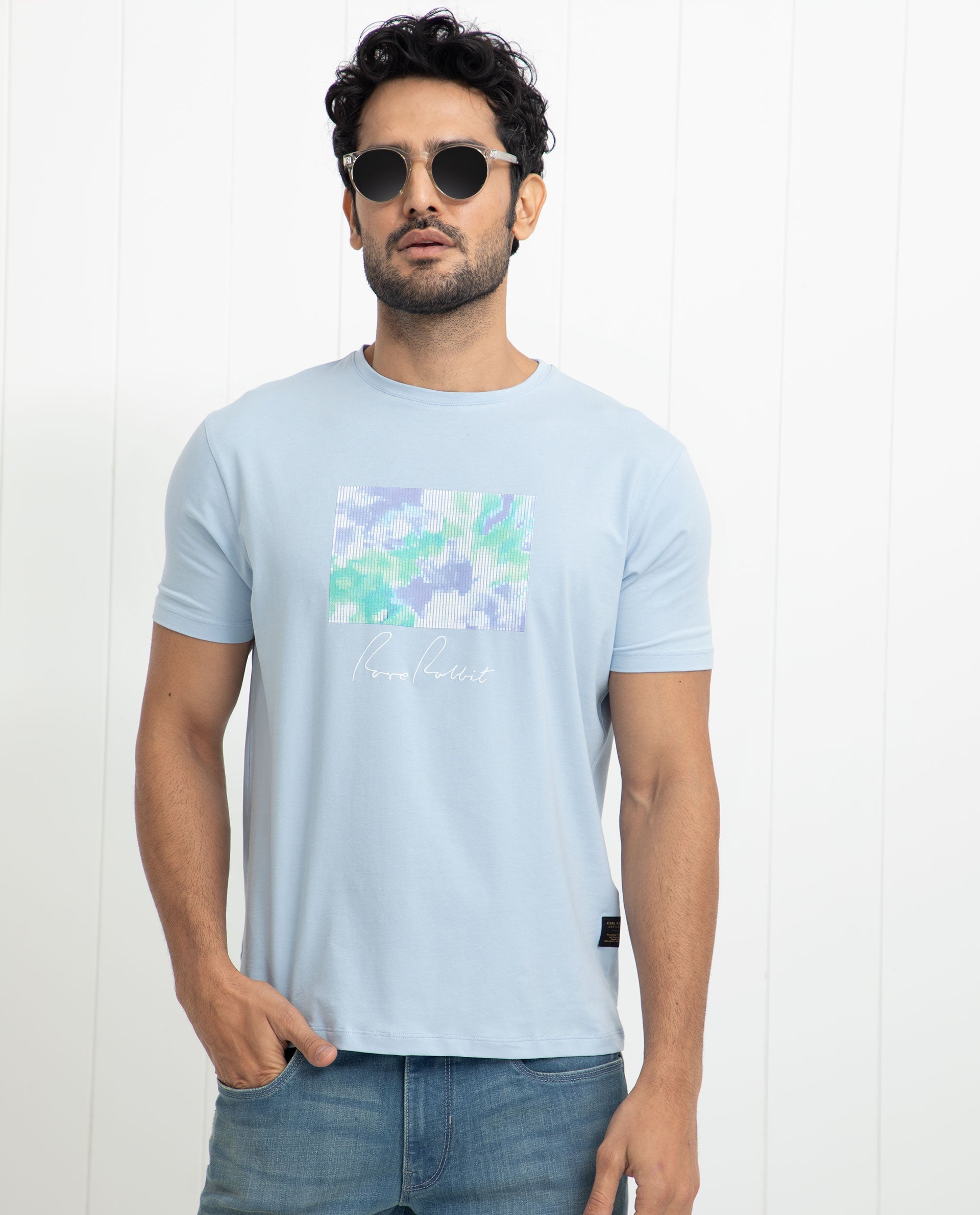 Rare Rabbit Men's Reed Blue Crew Neck Abstract Print With Branding Half Sleeves Slim Fit T-Shirt - view 3