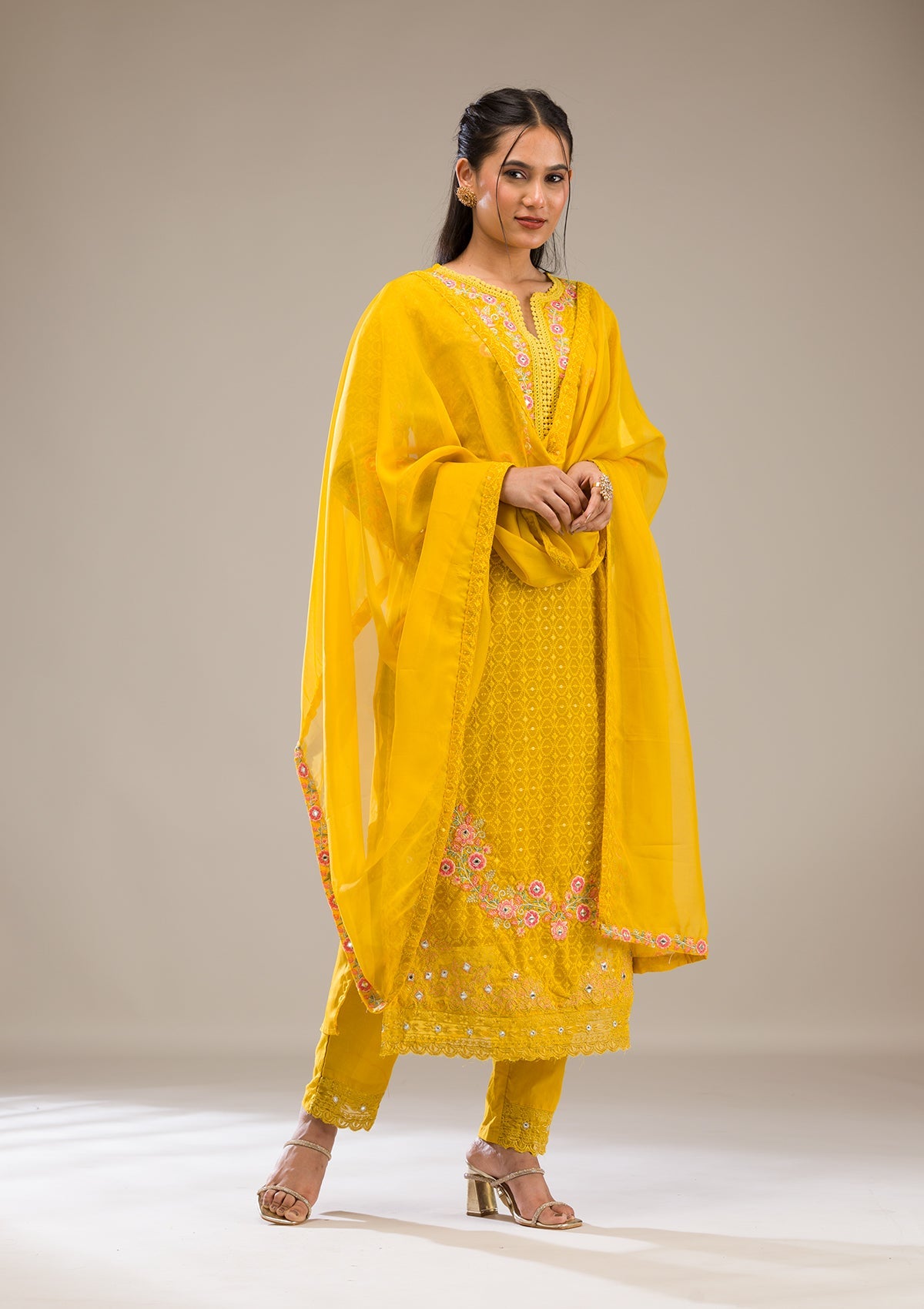 Koskii Yellow Threadwork Georgette Readymade Salwar Suit