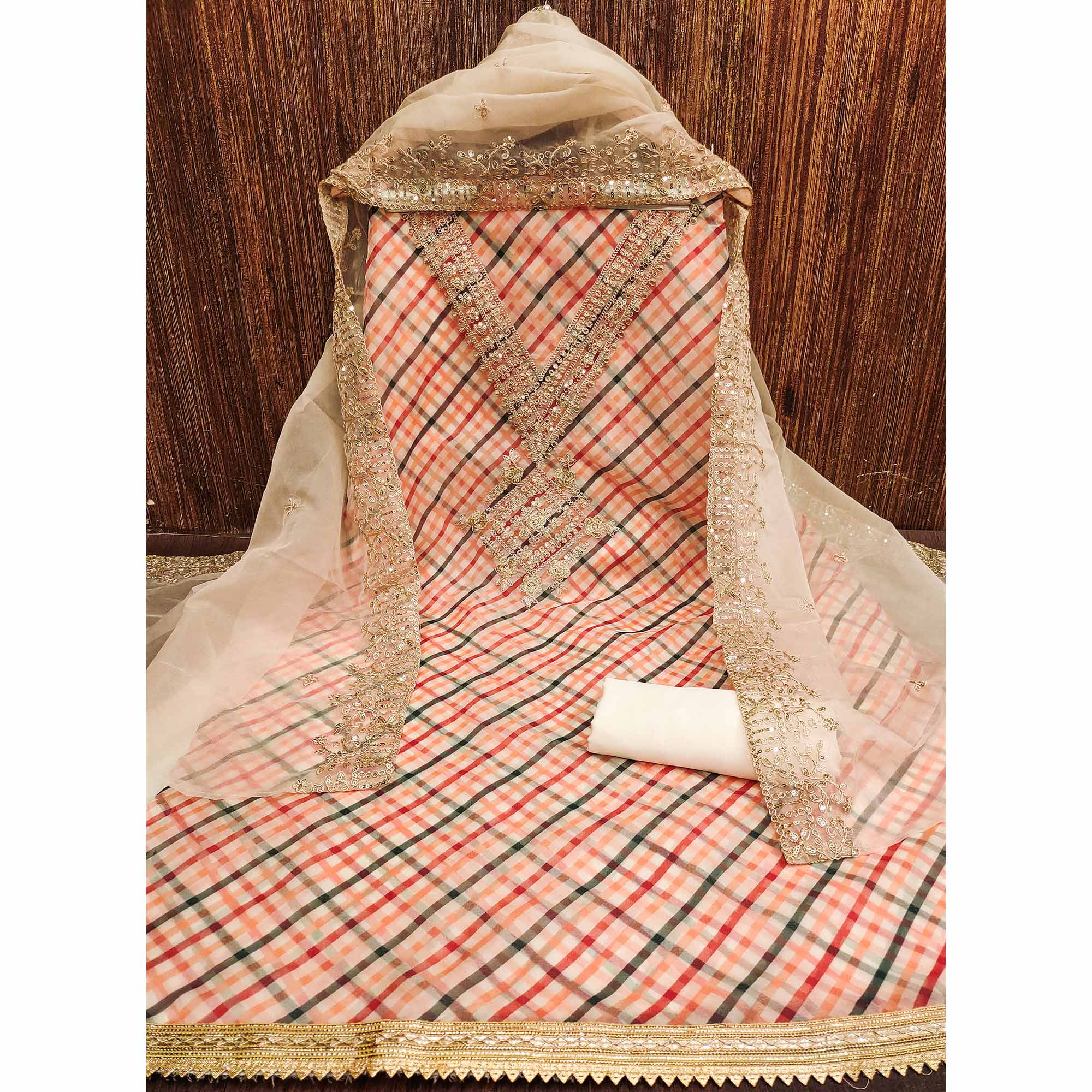 Peachmode Chikoo Digital Printed Organza Dress Material - view 3
