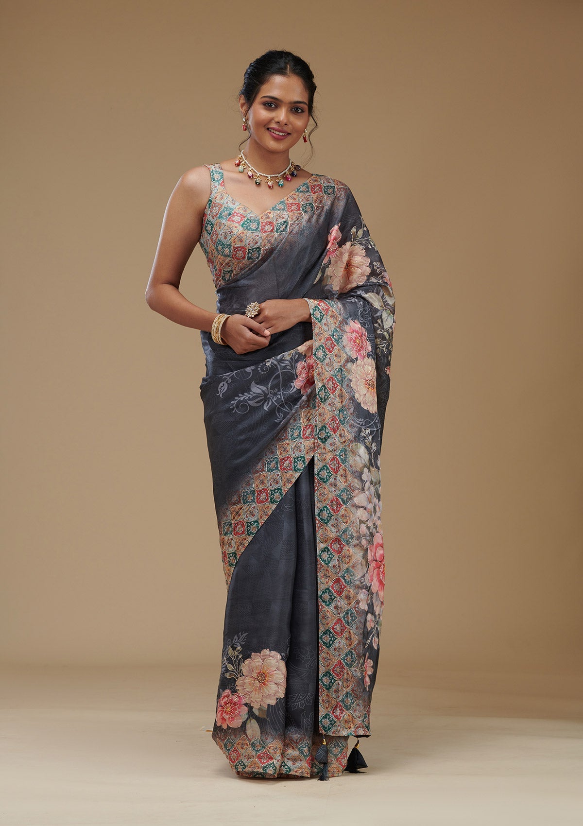 Koskii Grey Printed Tissue Saree – Women's