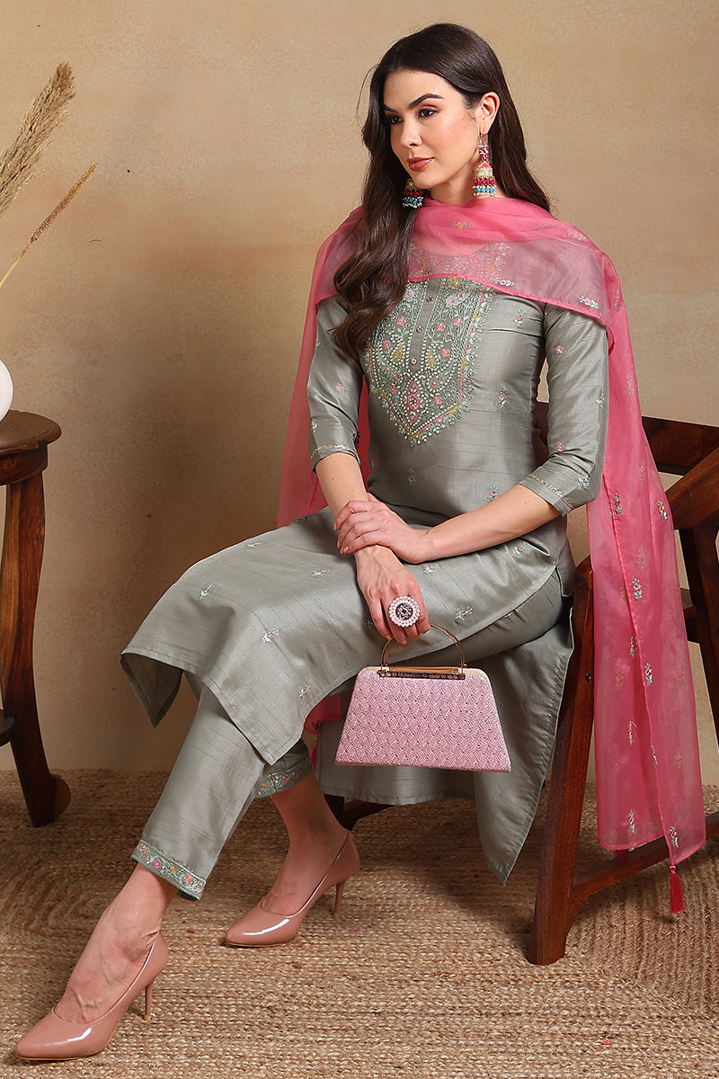Ahika Grey Silk Blend Floral Embroidered Straight Trouser Suit Set PKSKD2339 - view 6
