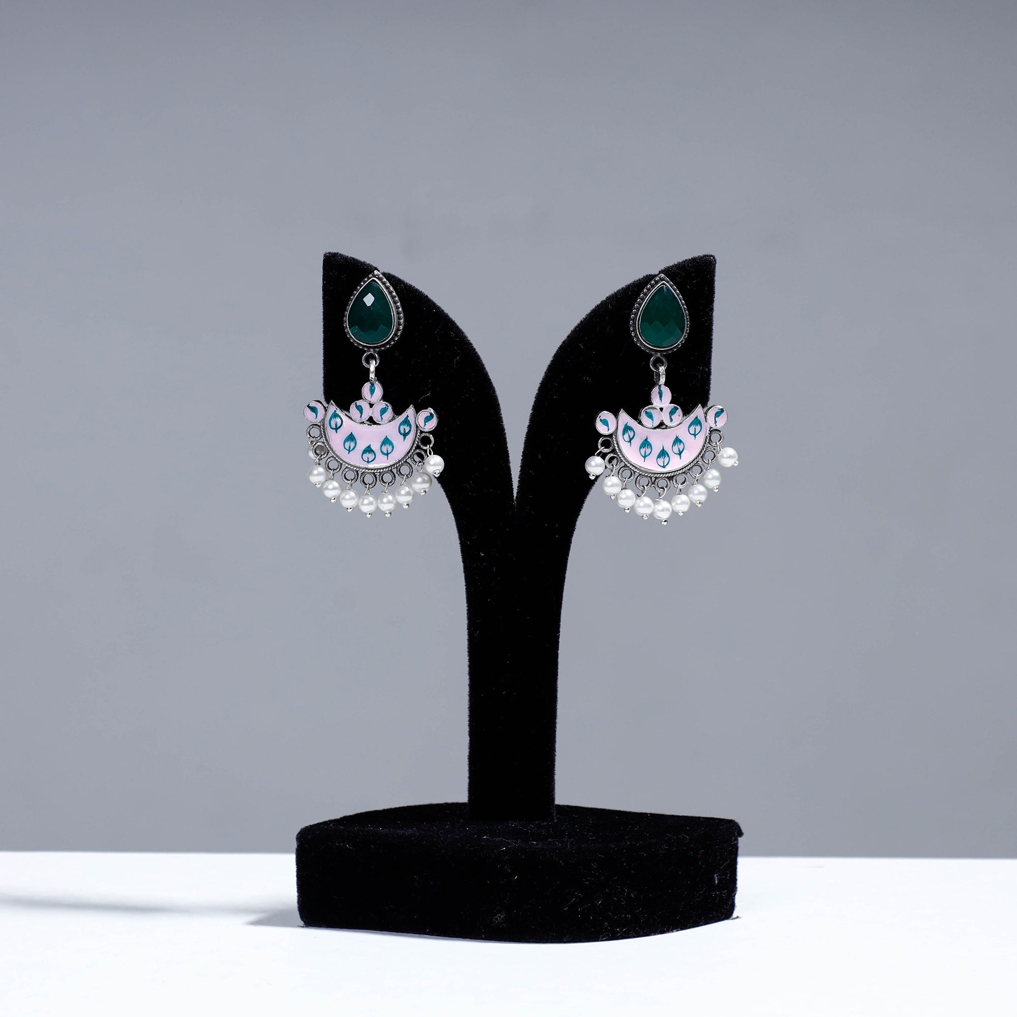 WHITE RIVER STORIES Antique Silver Finish Oxidised Brass Base Enamel & Stone Work Earrings