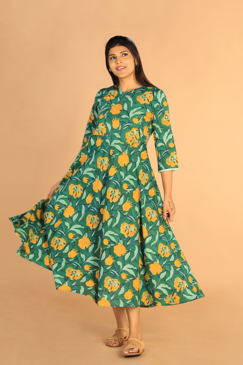 Kalanjali Ethnics Floral Sanganeri hand block printed cotton dress - view 3