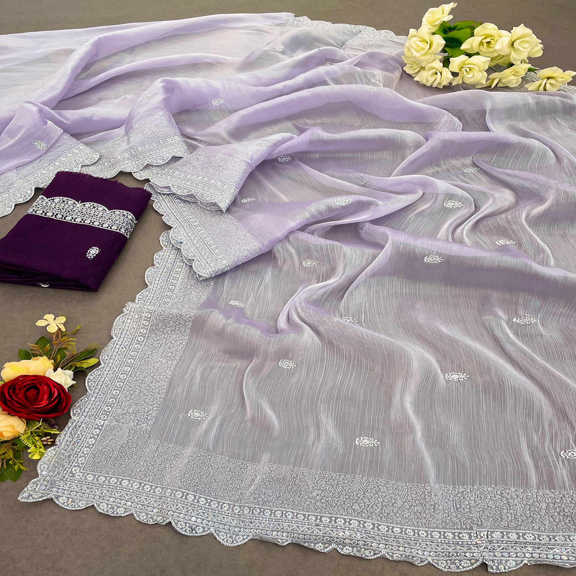 Peachmode Lavender Sequins Embroidered Chiffon Saree