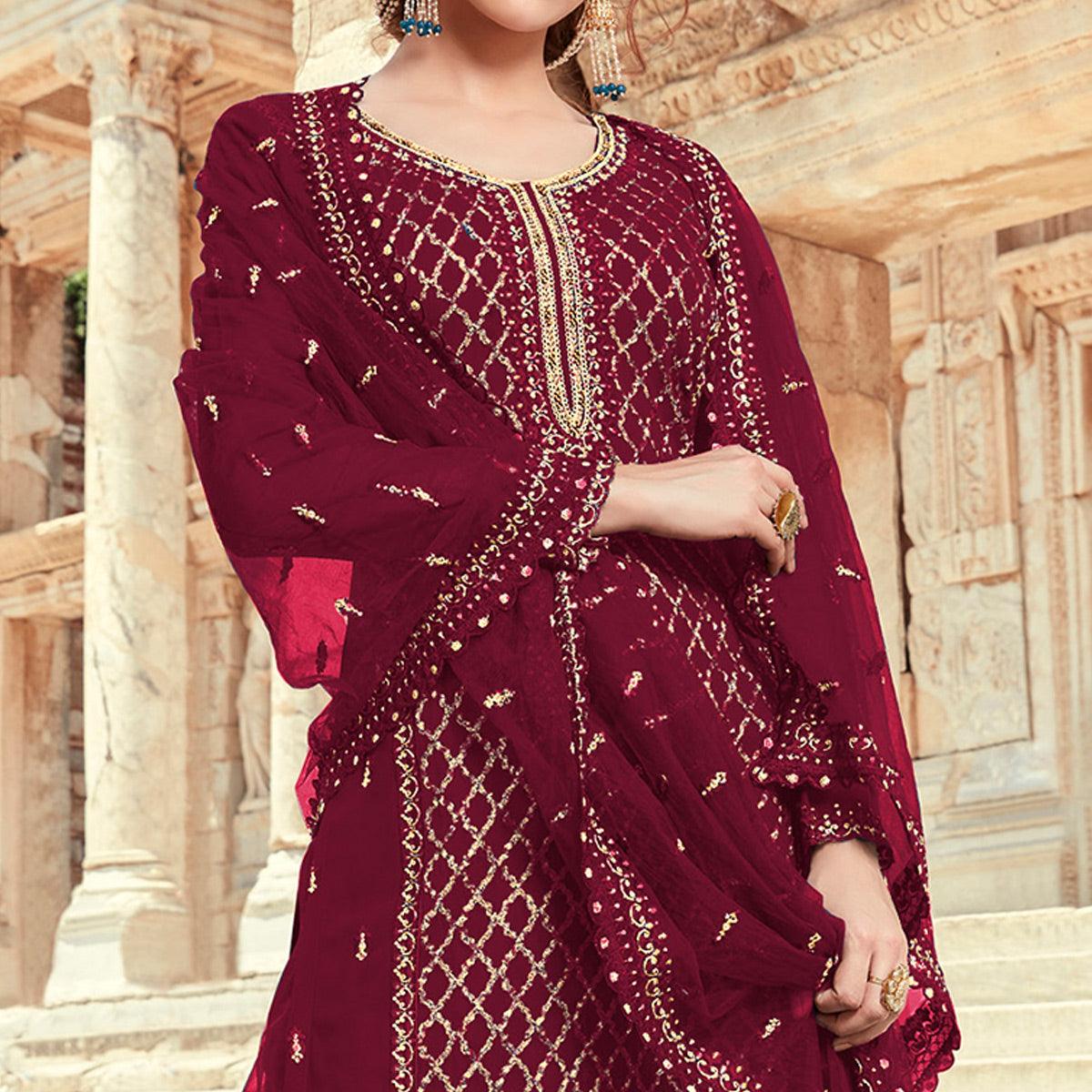 Peachmode Festive Wear Maroon Designer with Embroidery Work Faux Georgette Palazzo Suit - view 4