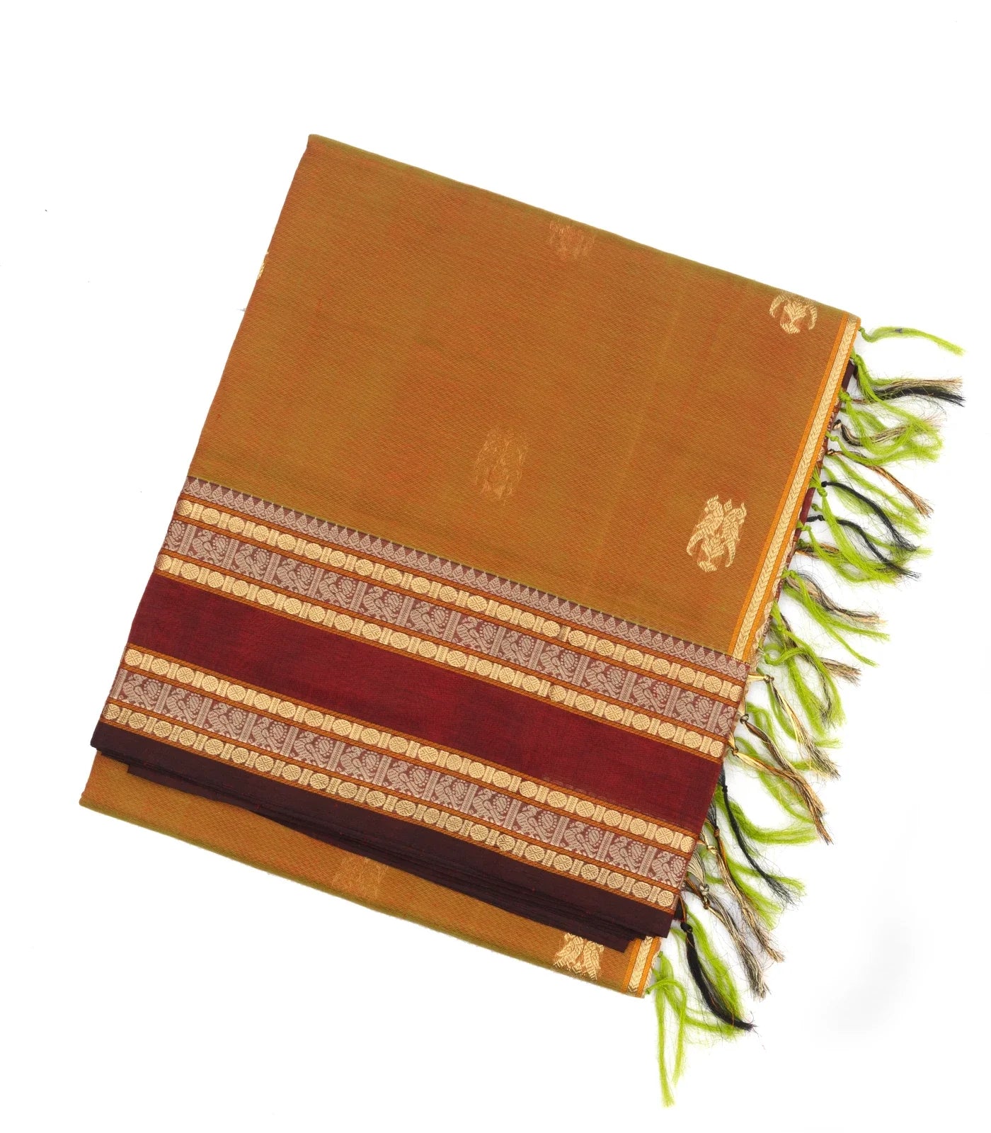 RmKV Mustard Handloom Silk Cotton Saree With Parrot Buttas