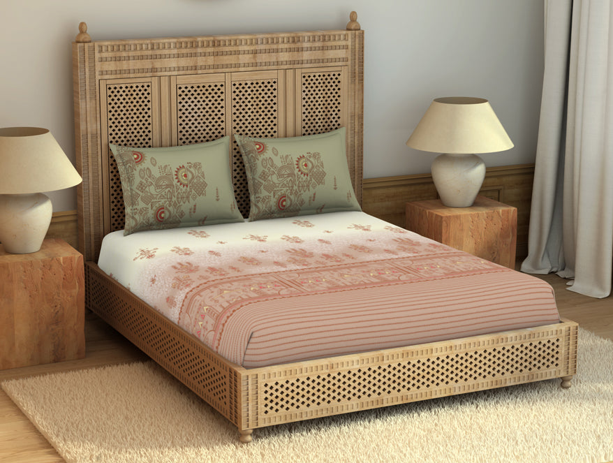 Spaces India Godna Ornate Beige 100% Cotton King Size Bedsheet - Rangana by Spaces - view 3