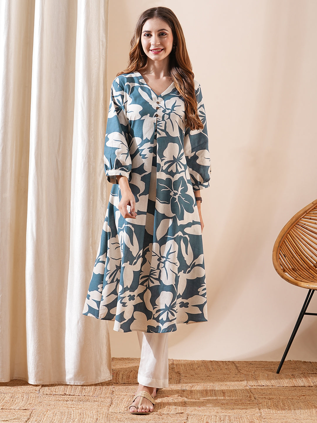 Fashor Abstract Printed A-Line Flared Kurta - Teal Blue - view 3