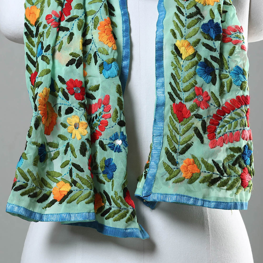 ITOKRI CRAFTS INITIATIVE Green - Ranihati Chapa Work Phulkari Embroidery Georgette Stole - view 3