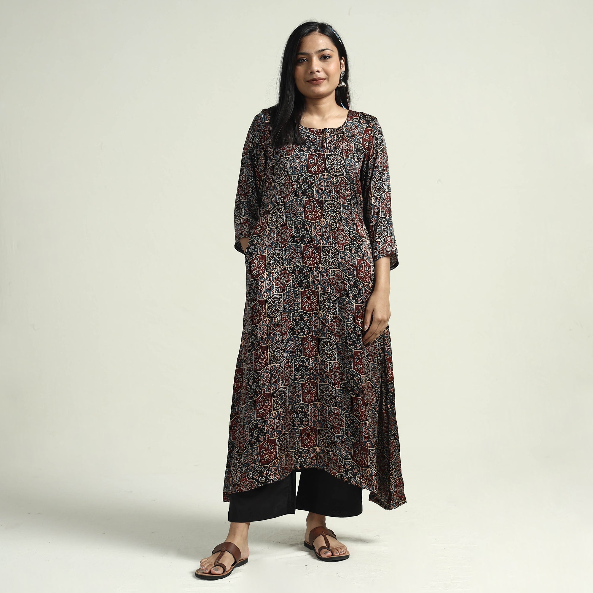 ITOKRI CASUALS Black - Ajrakh Block Printed Modal Silk Kurta with Palazzo Set - view 3