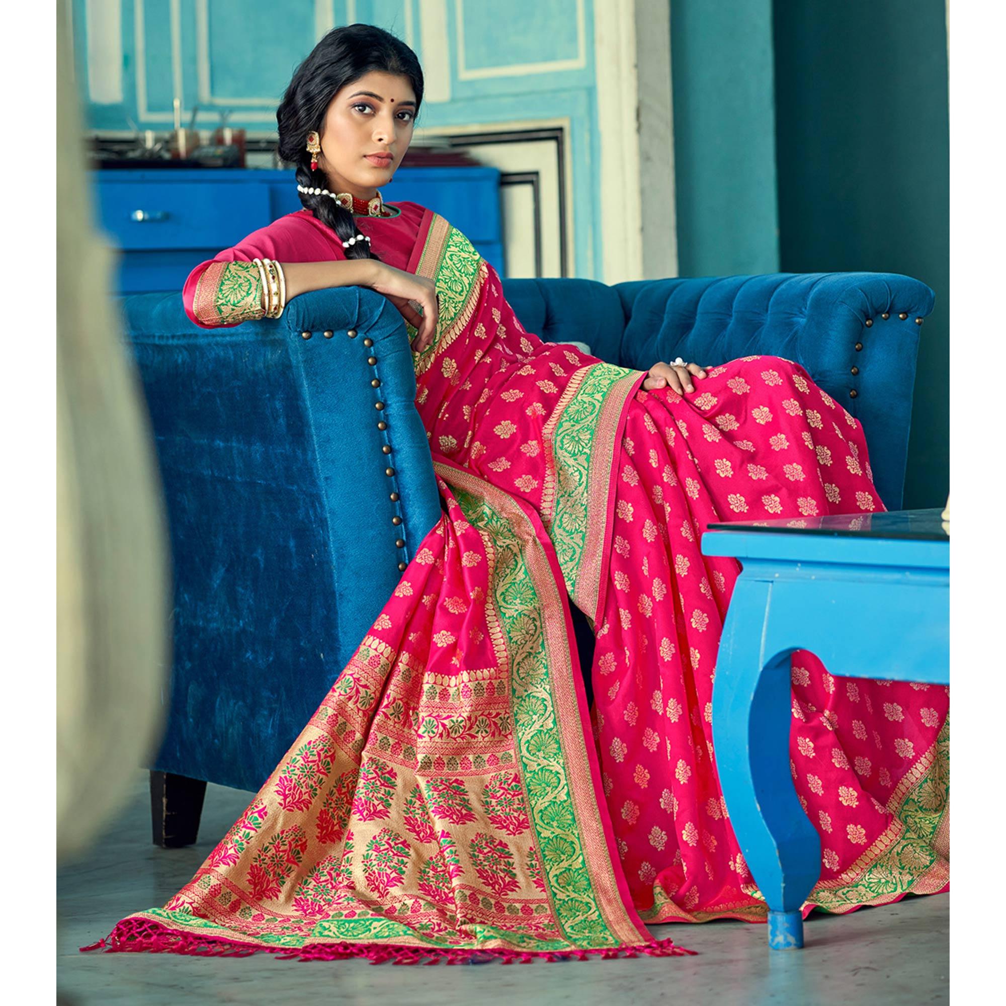 Peachmode Deep Pink Festive Wear Woven Banarasi Silk Saree - view 3