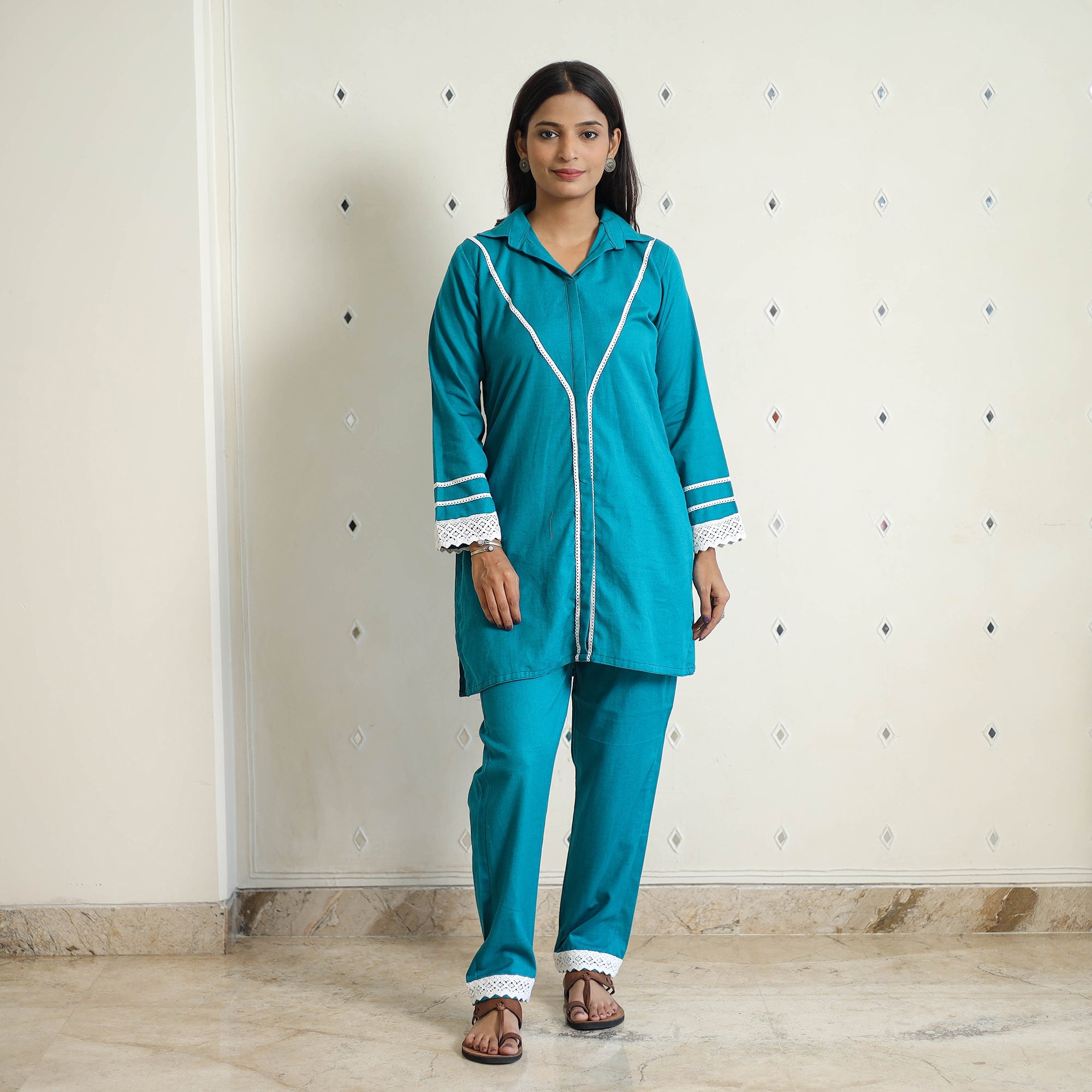 ITOKRI CASUALS Blue - Flex Cotton Plain Co-Ord Set With Lace Work 04