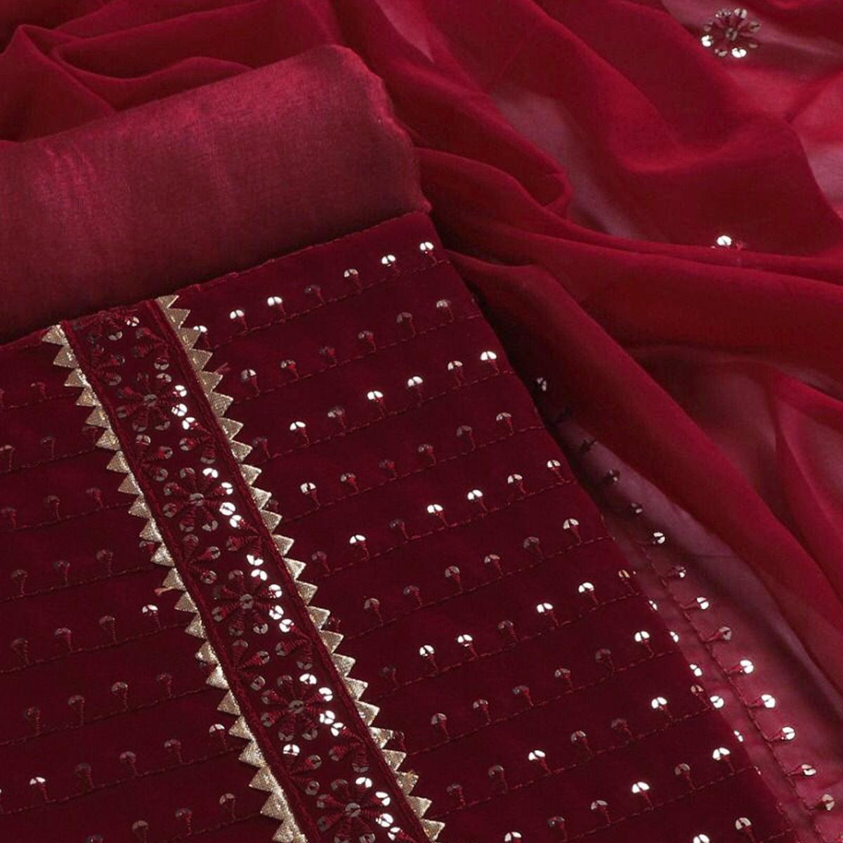 Peachmode Maroon Sequins Embroidered Georgette Dress Material - view 2